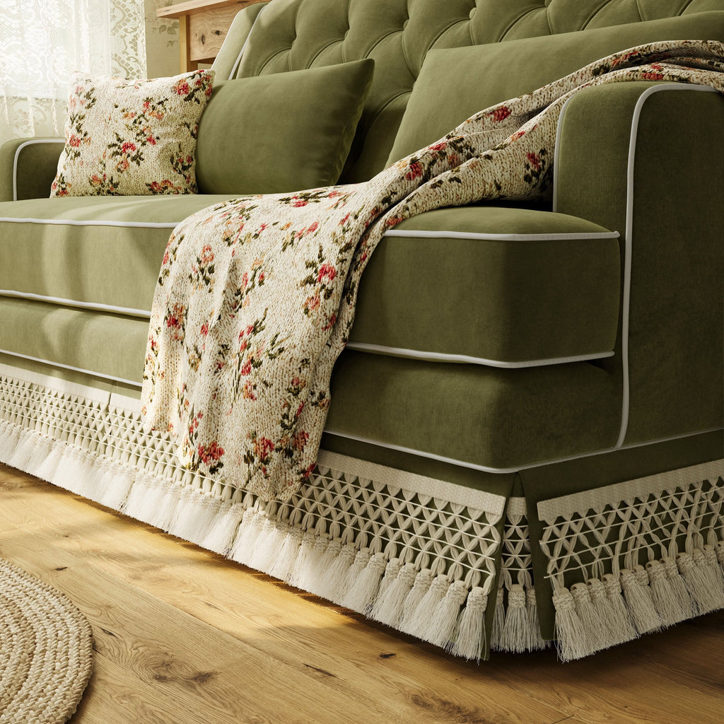Cottonfy Fringe Skirt Sofa Velvet Linen Comfort Relaxed Living Olive Green Velvet