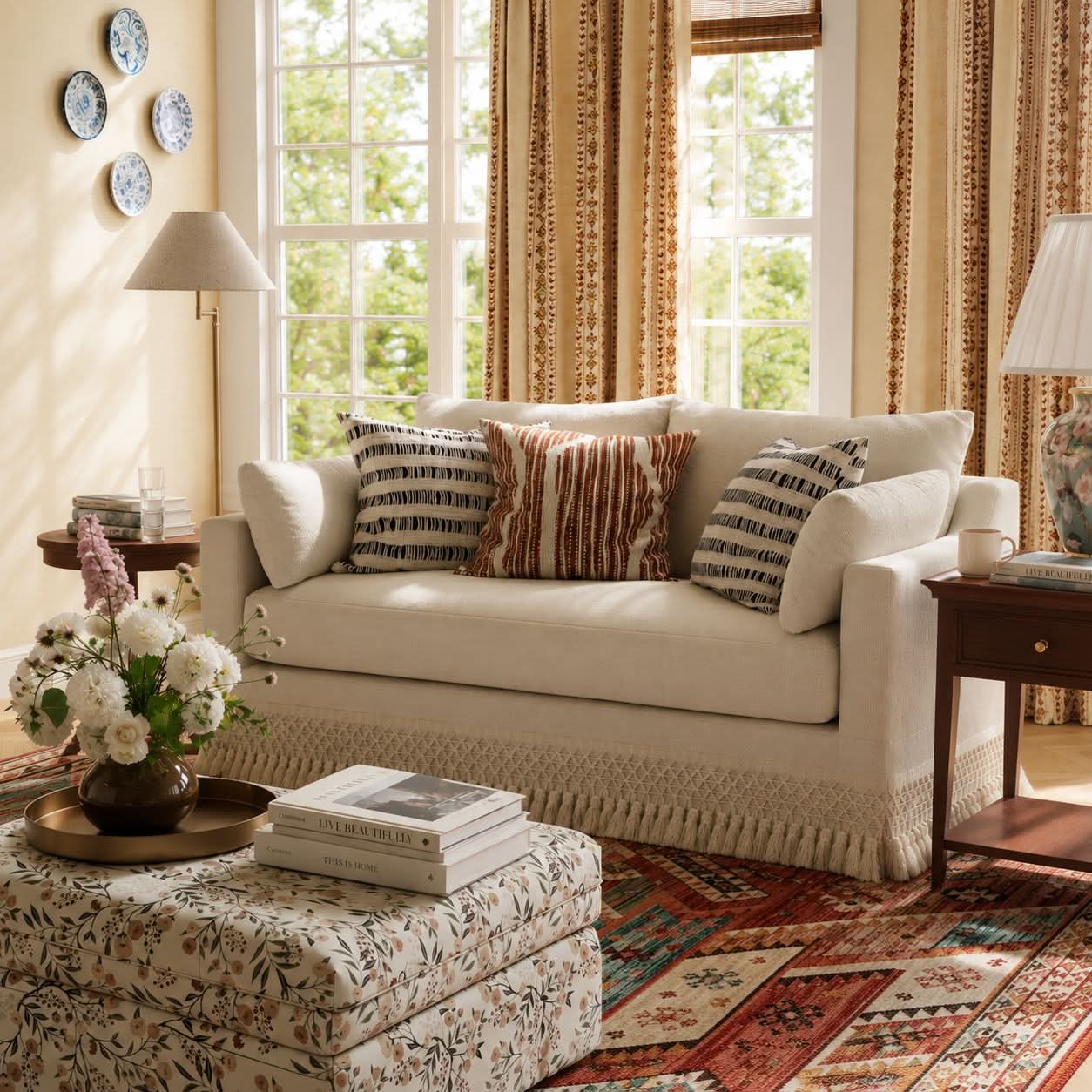 Cottonfy Cotton-Linen Washable Fringe 2 Seater Sofa