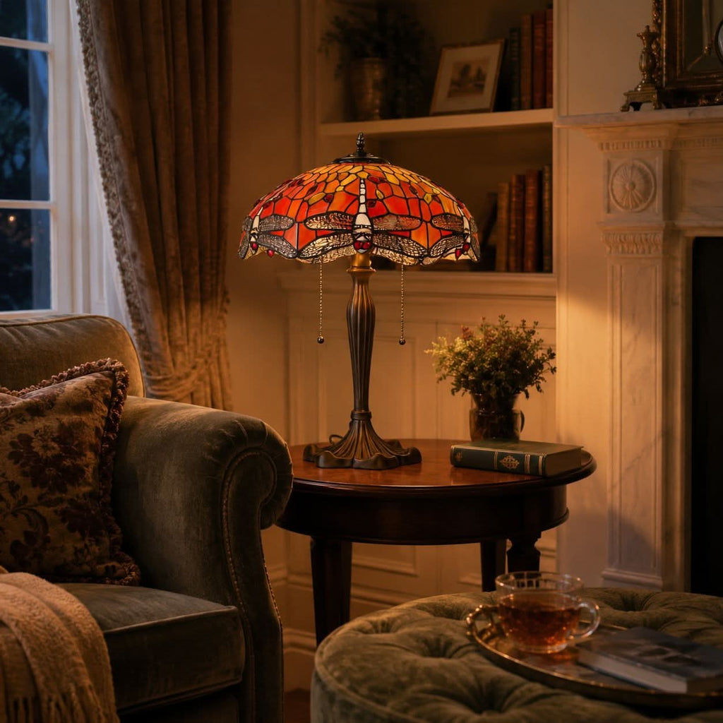 Lightin Tiffany Table Lamp | Handcrafted Stained Glass Dragonfly Series