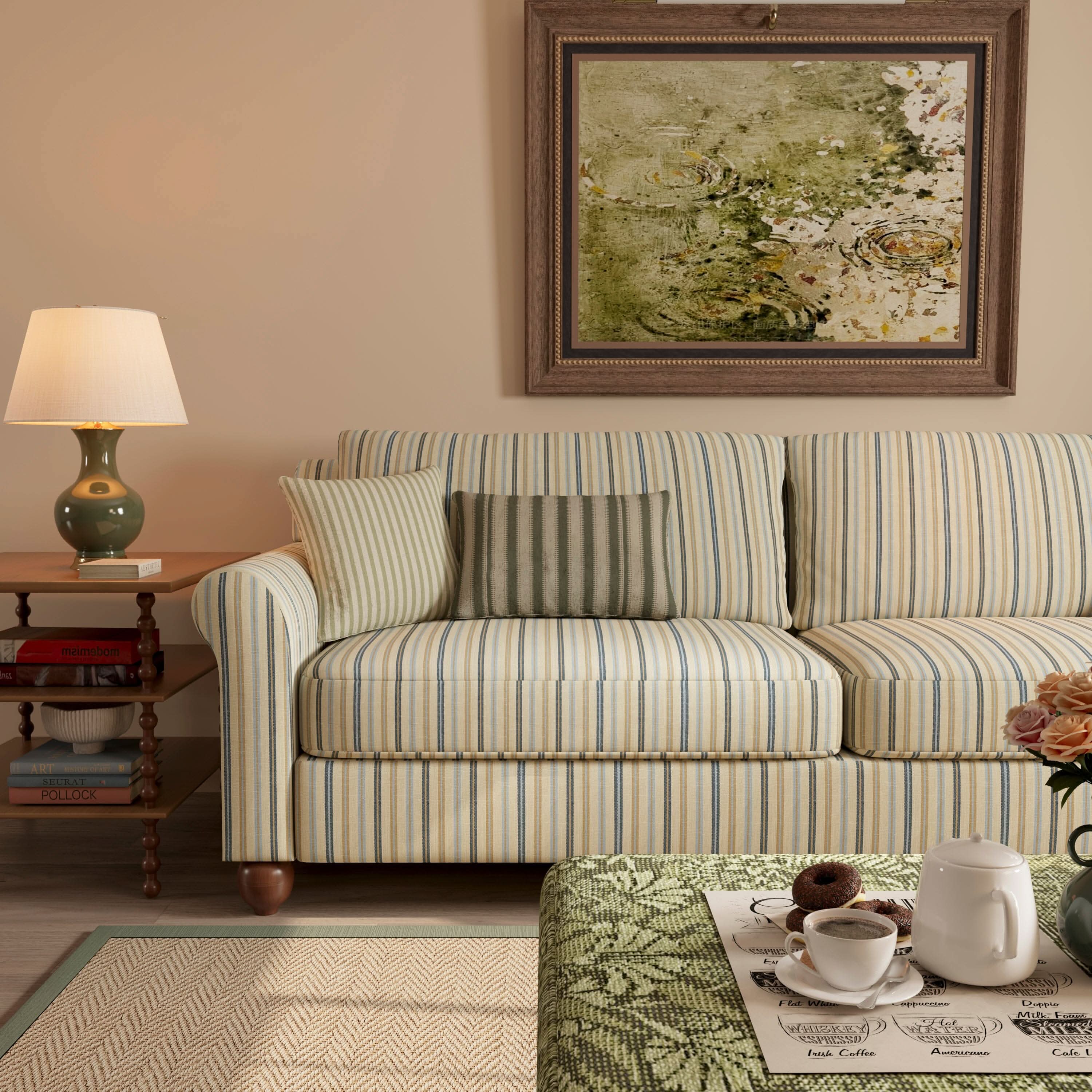 Cottonfy Striped Cotton Linen Blend Rolled Arm Sofa with Soild Wood Bun Feet