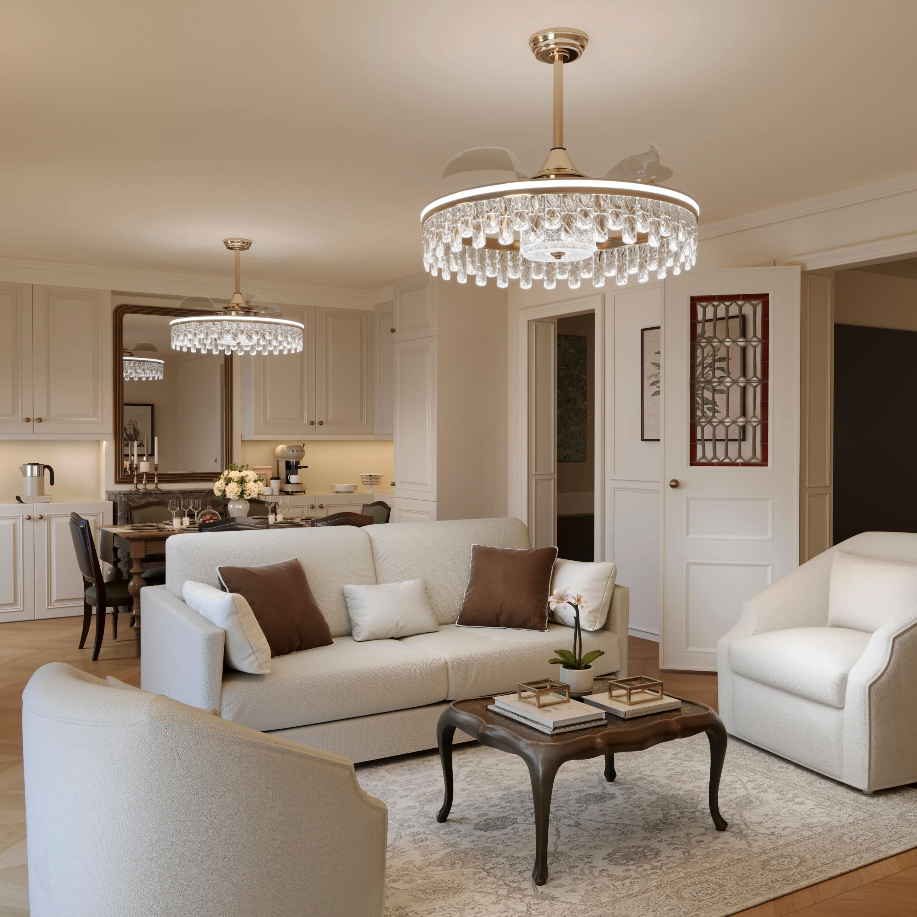 Lightsin 60cm Modern Gold Crystal Ceiling Fan with Light