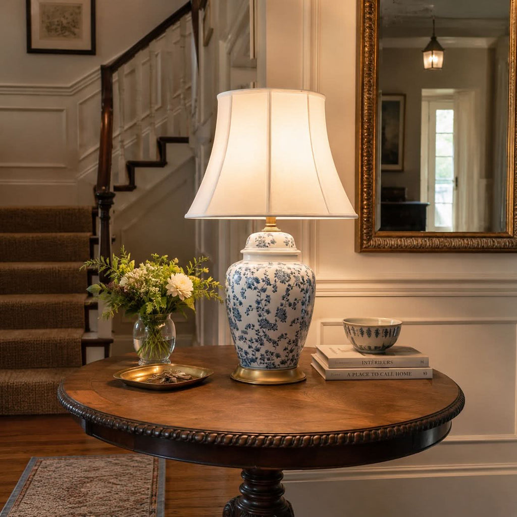 Lightsin Blue Floral Ceramic Table Lamp with Fabric Shade and Brass Base
