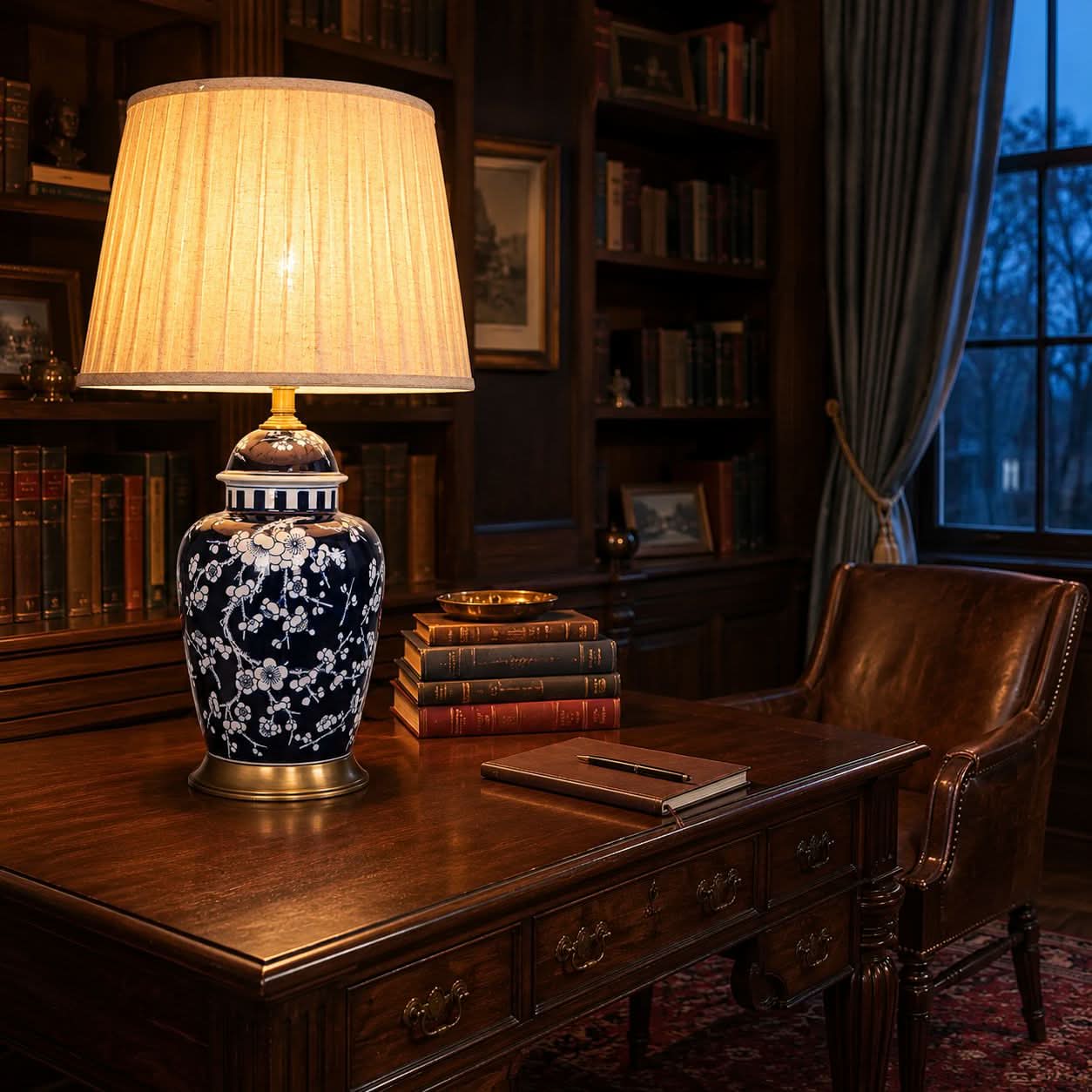 Lightsin Vintage Desk Lamp Ceramic Floral Design with Brass Base and Fabric Shade