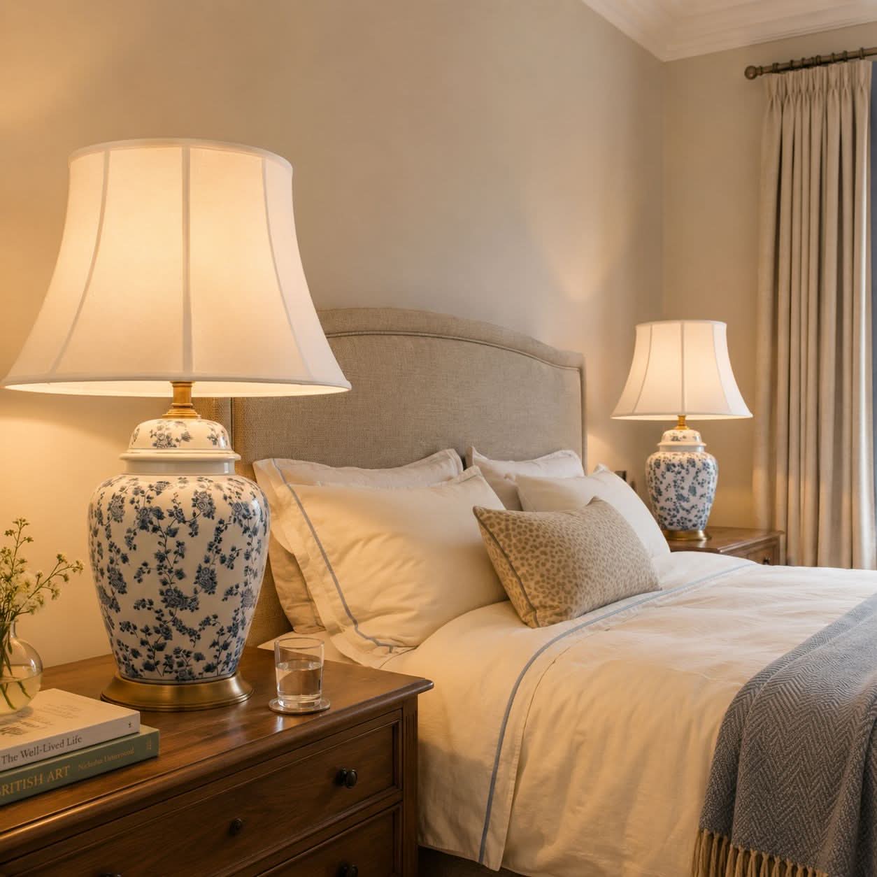 Lightsin Blue Floral Ceramic Table Lamp with Fabric Shade and Brass Base