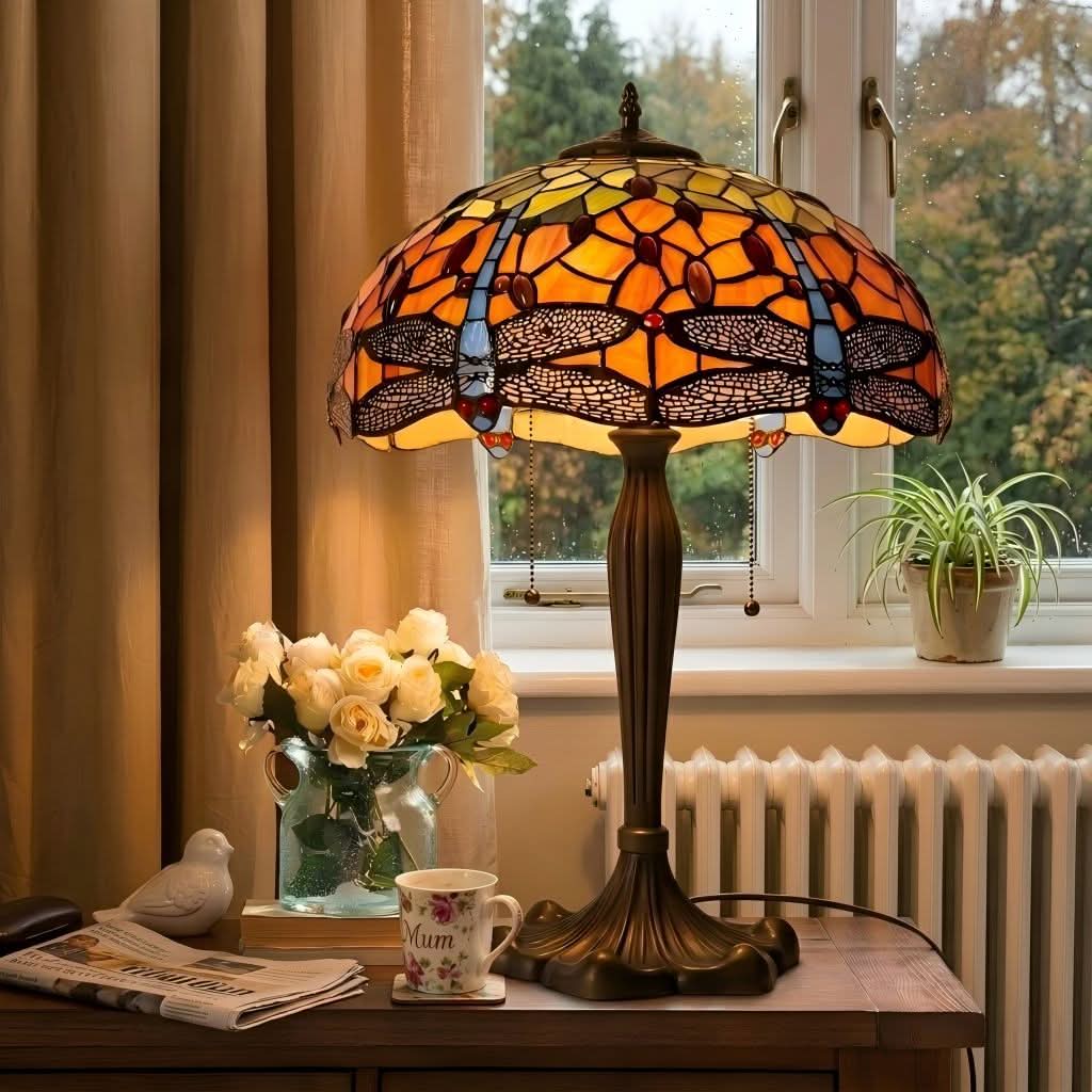 Lightsin Tiffany Table Lamp | Handcrafted Stained Glass Dragonfly Series Blue Dragonfly