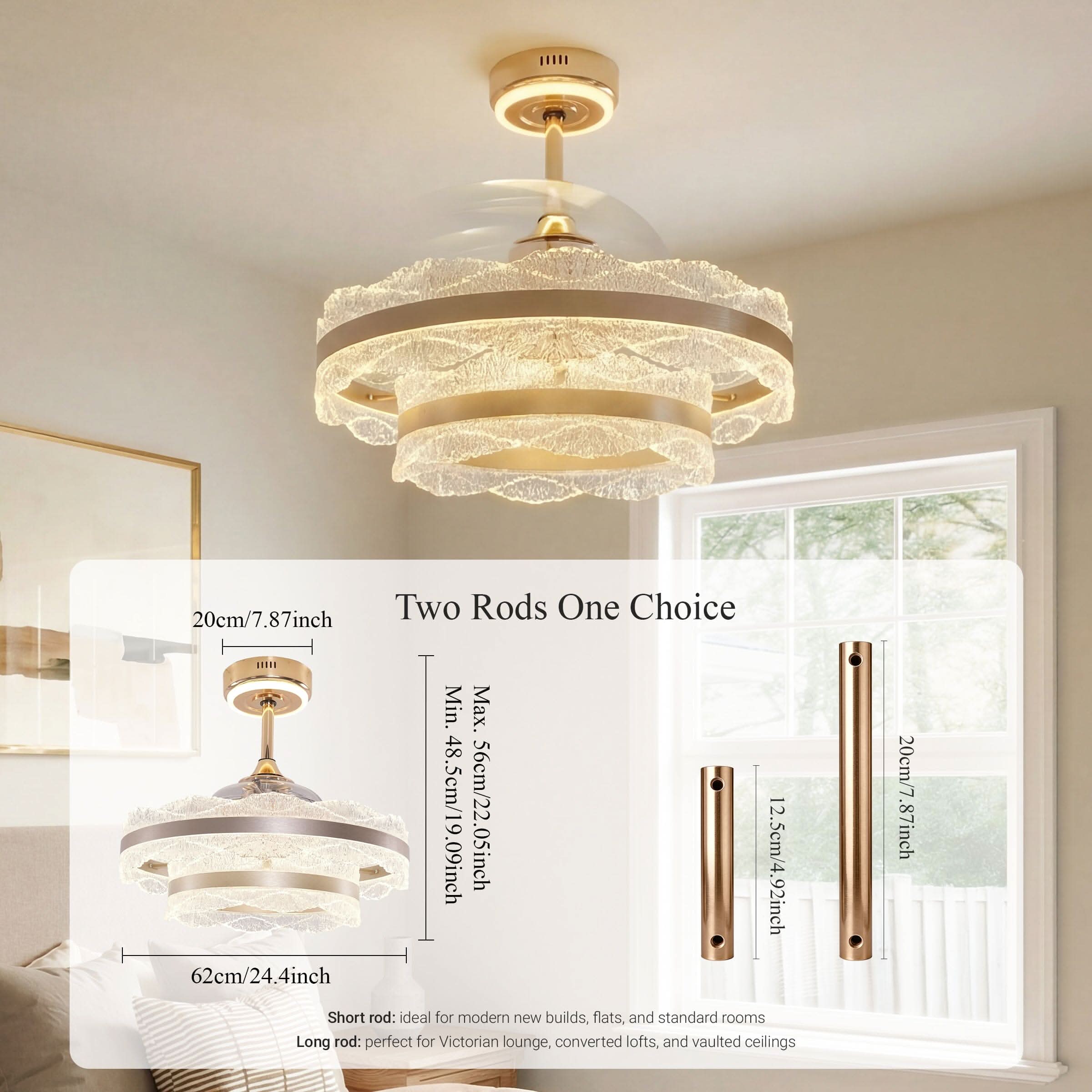 Lightsin Luxury Gold Frame LED Ceiling Fan Light with Retractable Blades