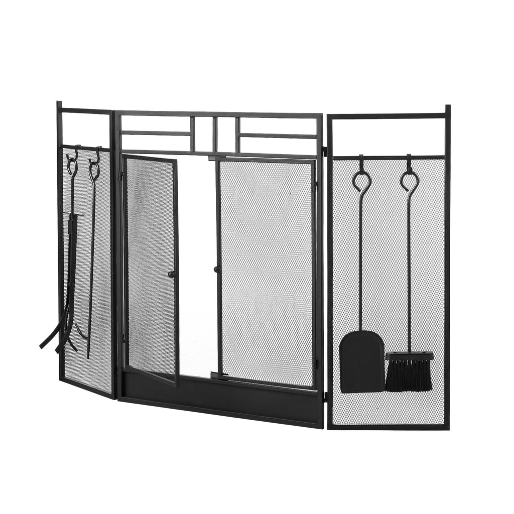 Smallbee Iron Fireplace Screen with 4-Piece Tool Set - Black Powder-Coated 122x1.3x80cm