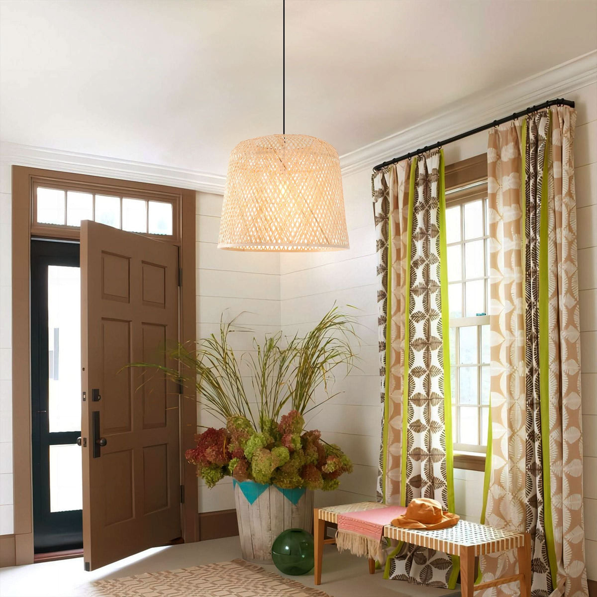 Lightsin Cella-Bamboo Pendant Light – Handwoven Cylindrical Ceiling Light with Cross-Weave Shade for Kitchen, Bedroom & Living Room