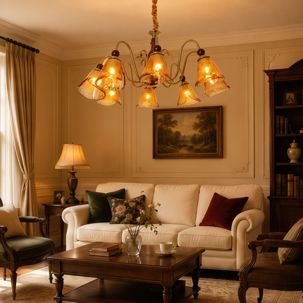 8-Light Walnut Vintage Cut Glass Chandelier | Wood and Iron Ceiling Lamp
