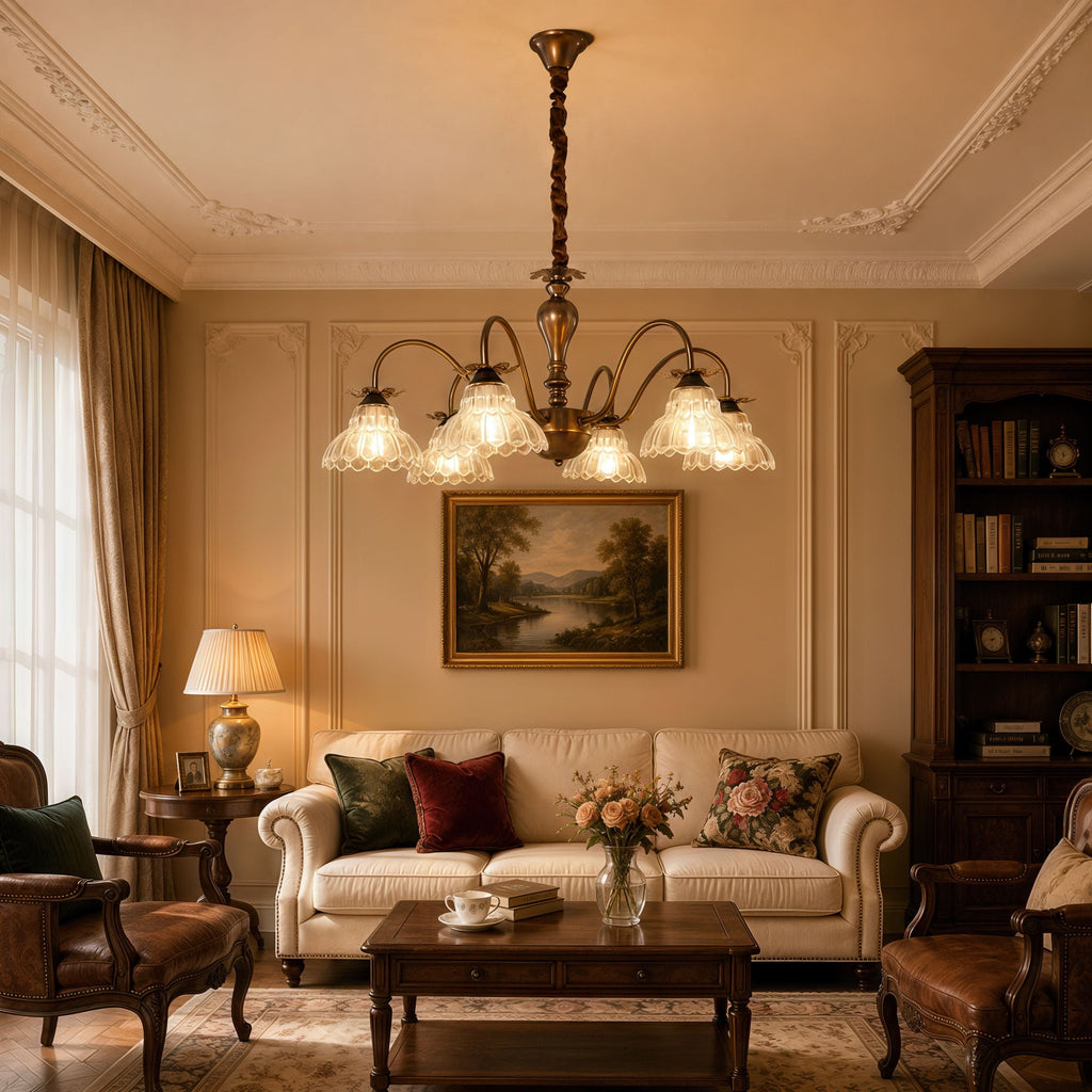 6-Light Gold Vintage Floral Glass Chandelier | E14 Ceiling Lamp