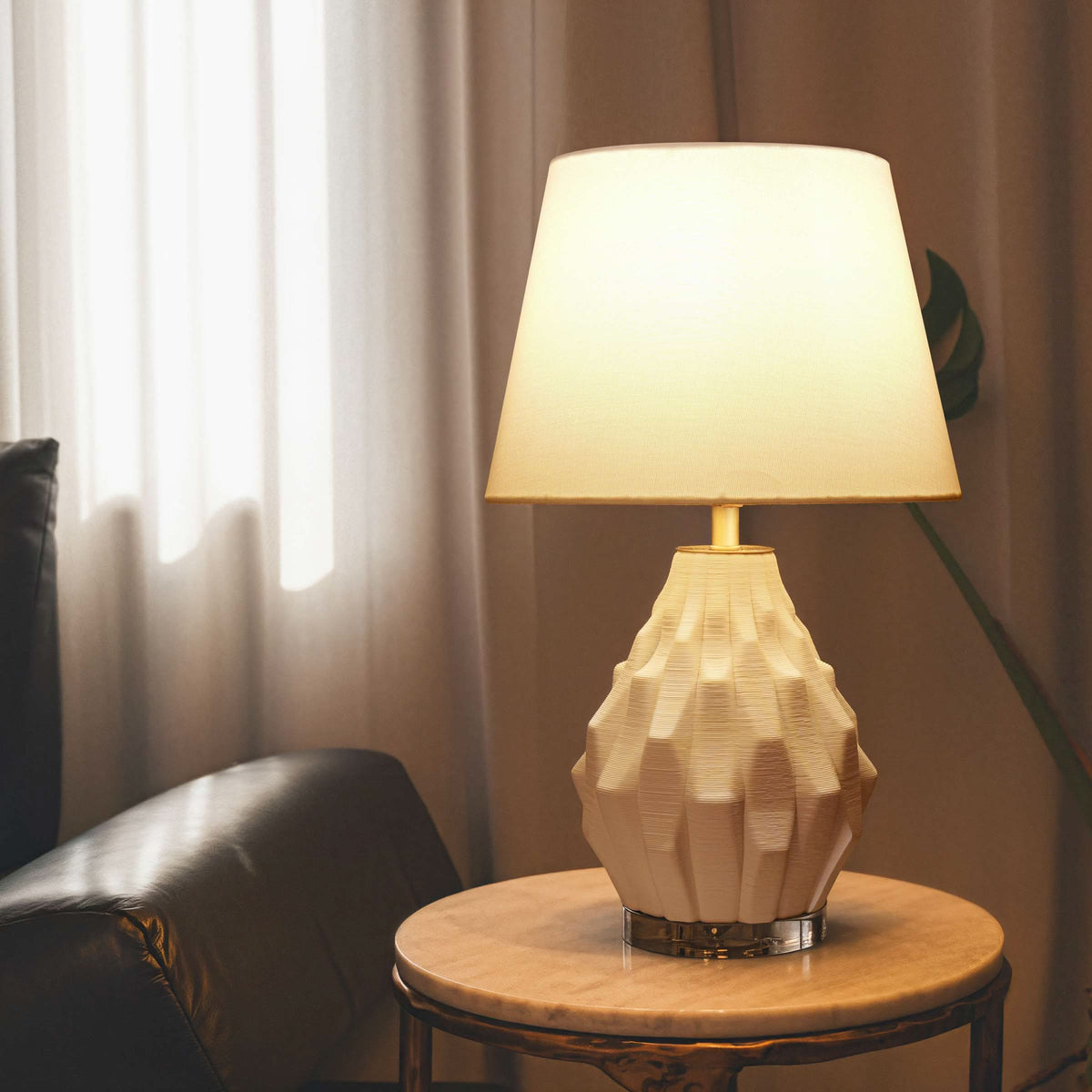 ‍Lightsin 3D Pure White Polygonal Textured Ceramic Table Lamp with Fabric Shade (100% off)