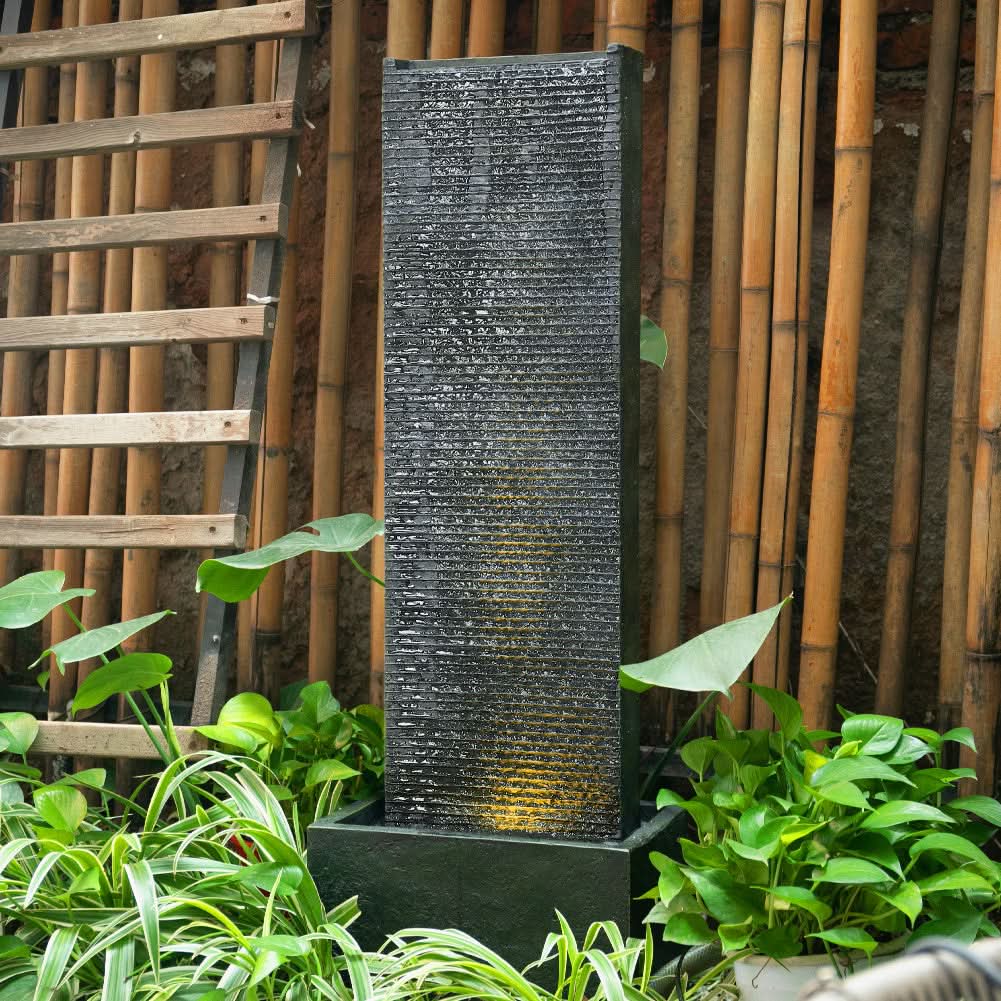 98cm H Black Rectangle Waterfall Stone Look Water Fountain with LED Light