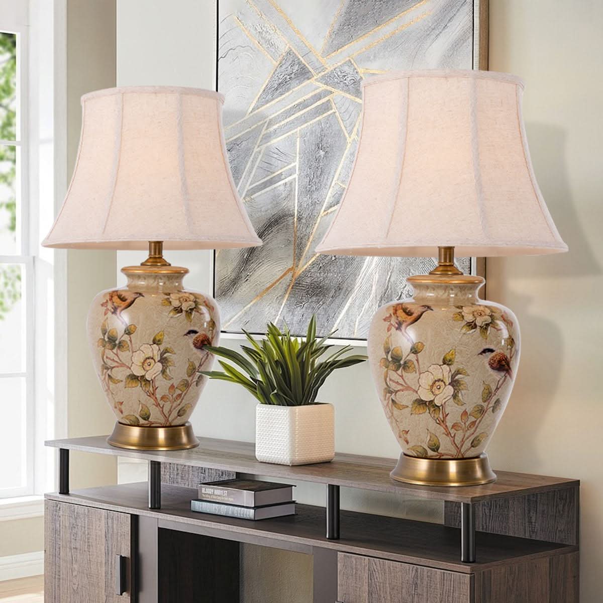 Lightsin Vintage Ceramic Bird-Pattern Table Lamp with Fabric Shade