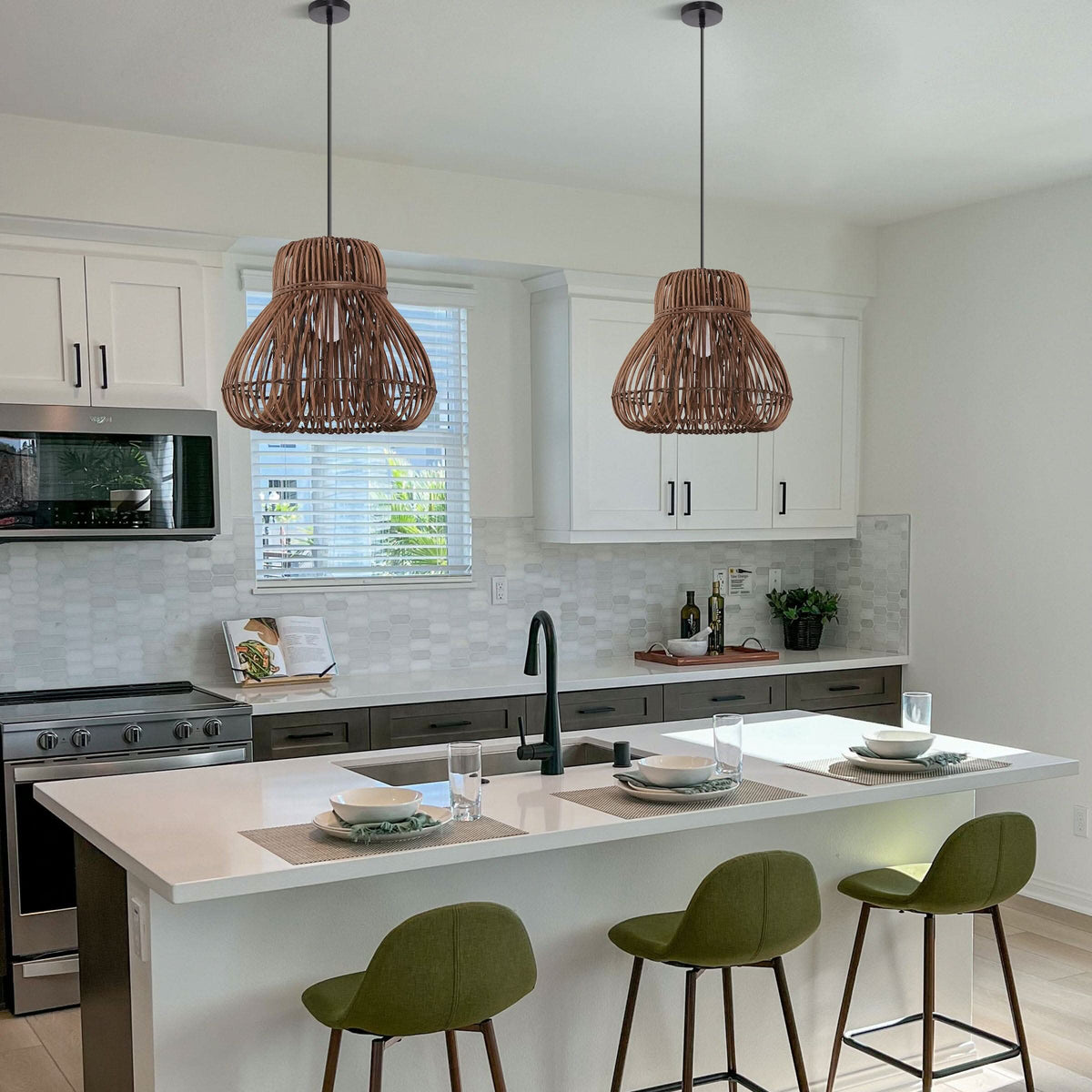Lightsin Natural Woven Rattan Pendant Light – Handcrafted Rustic Ceiling Light for Dining Rooms, Living Spaces, and Cafés