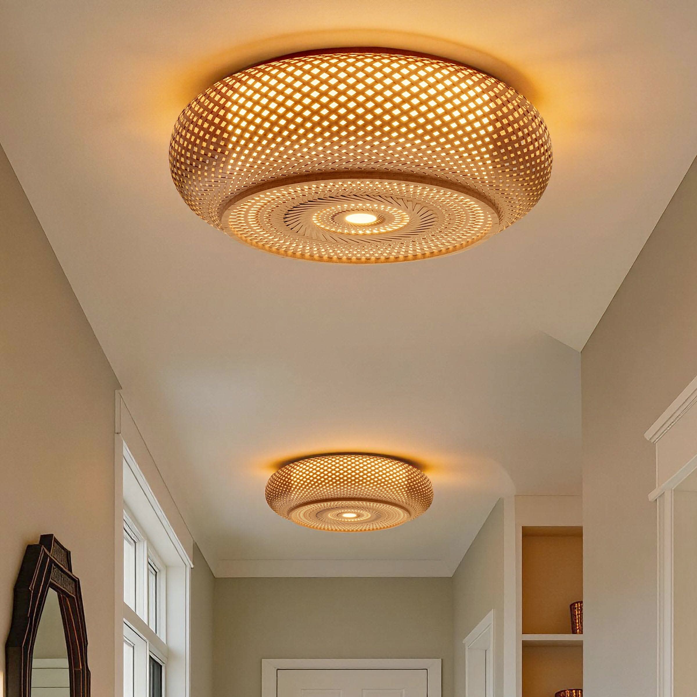 Lightsin Lutta-Japanese-Style Bamboo Rattan Pendant & Ceiling Light – Flat Flush Mount or Hanging Fixture for Bedroom, Living Room & More