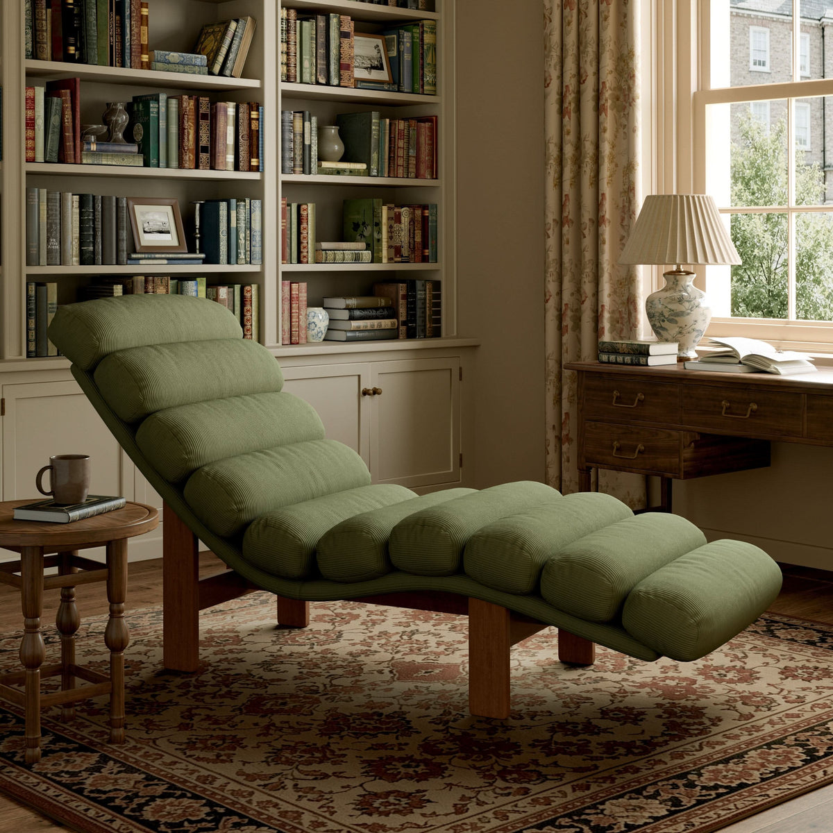 Cottonfy Modern Ergonomic Corduroy Chaise Lounge with Natural Wooden Frame