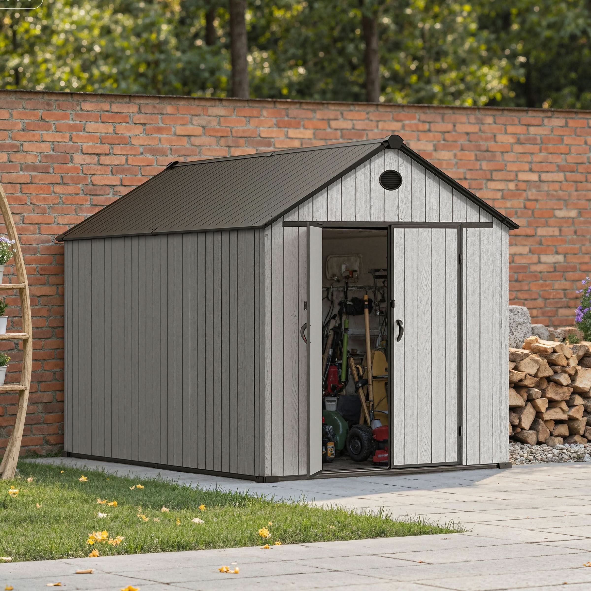 6'x8'ft/8'x8'ft/8'x12'ft/8'x16'ft Gray Wood Grain Plastic Tool Shed