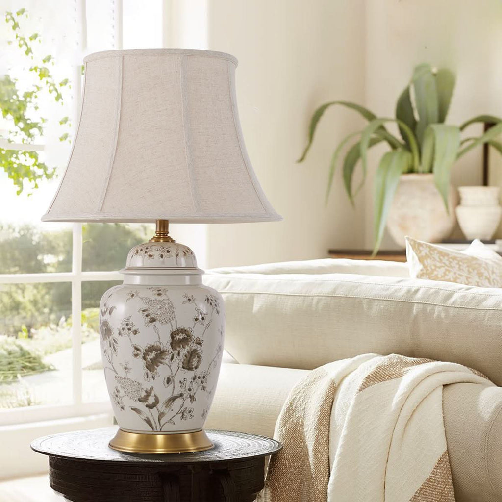 Lightsin Table Lamp Ceramic and Copper Chrysanthemum Design with Fabric Shade