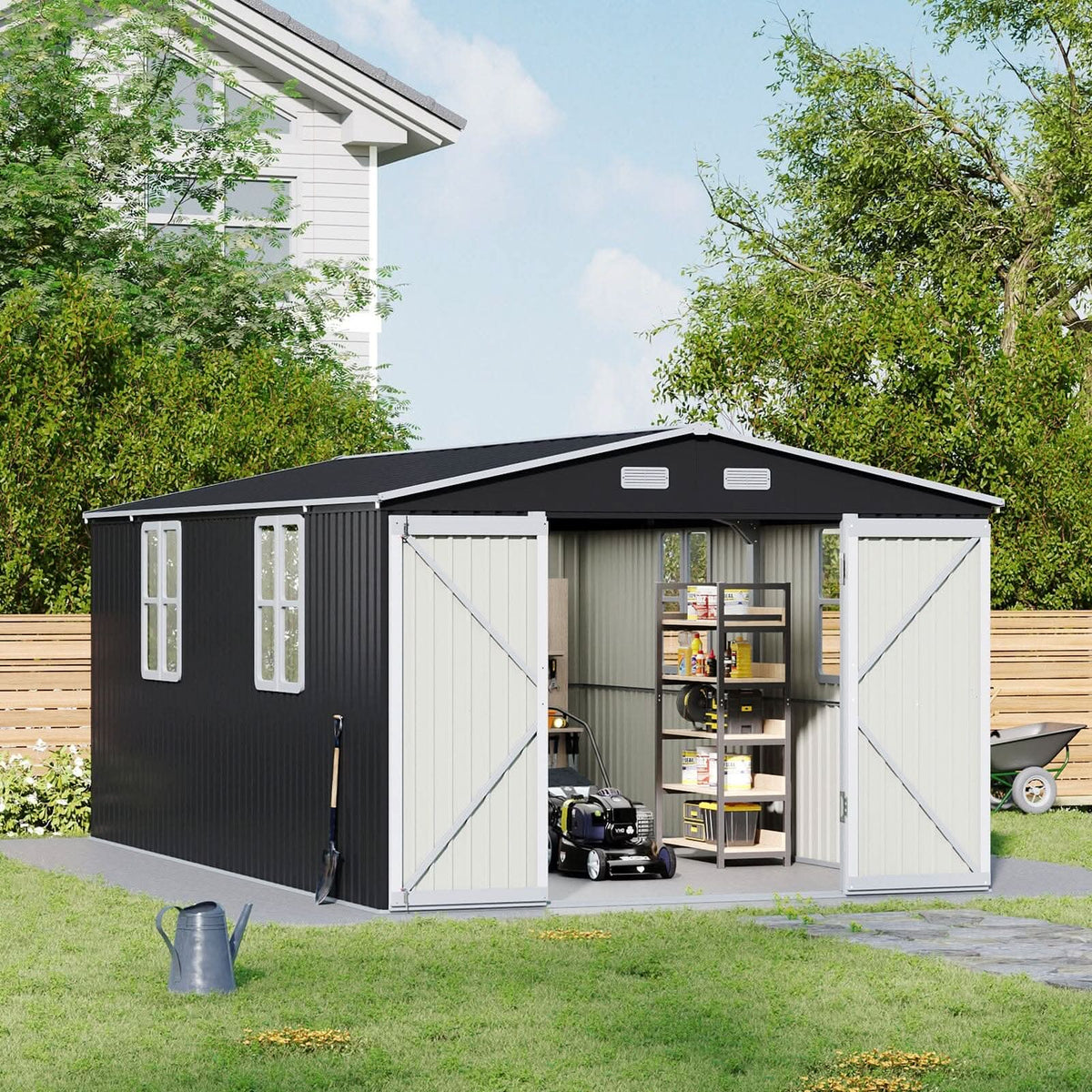 12x10ft / 10x12ft / 10x16ft Charcoal Black Galvanized Steel Storage Shed with Double Lockable Doors & Grid Windows