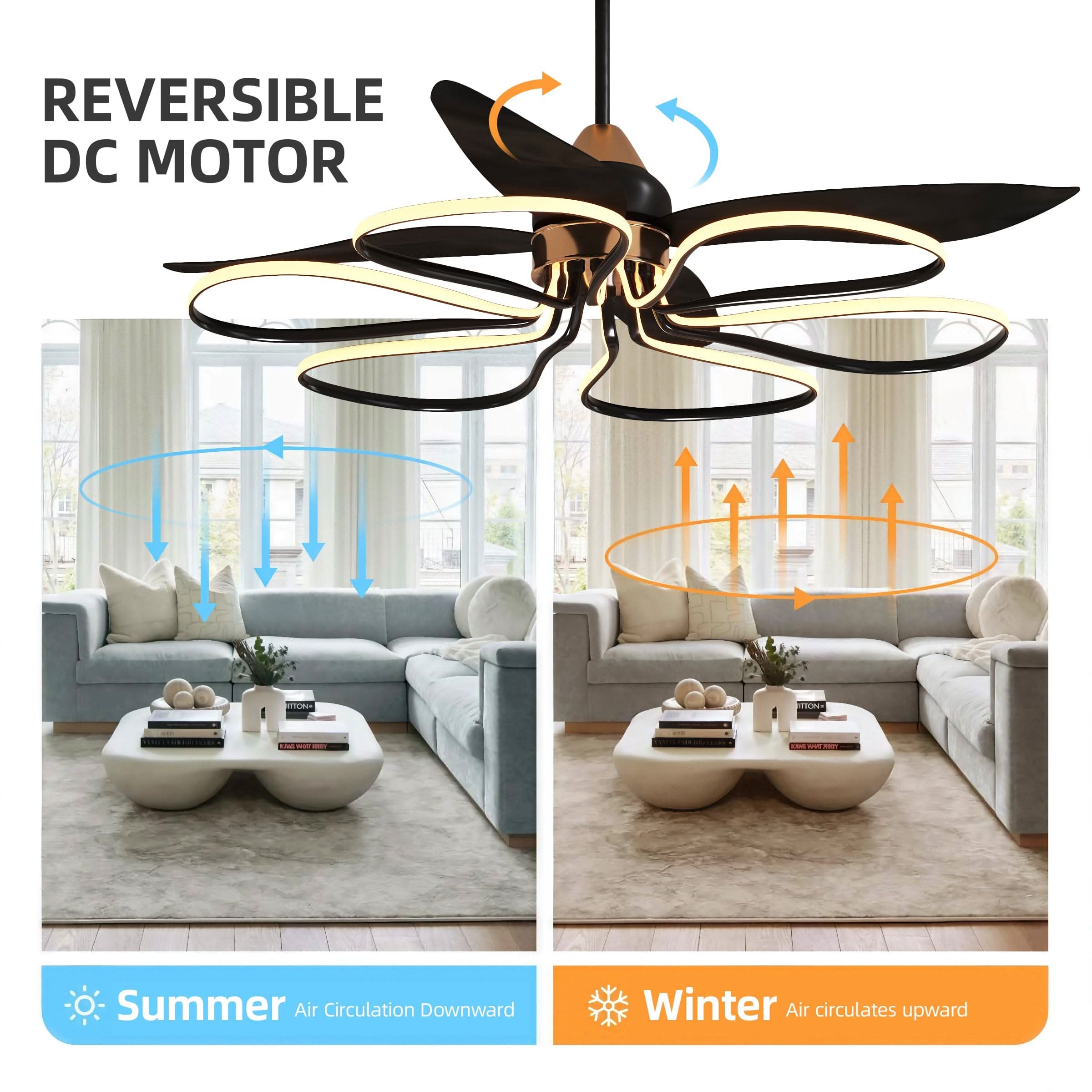 Lightsin 36-inch Black Modern Petal LED Ceiling Fan with Light - 6-Speed with Remote Control