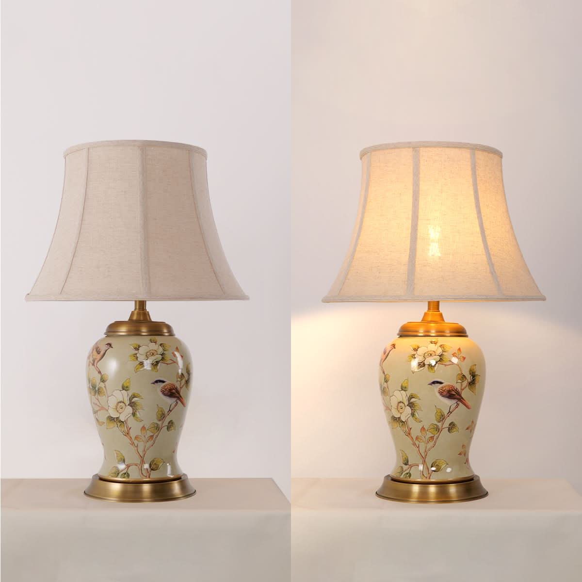Lightsin Vintage Camellia Ceramic Table Lamp with Copper Base and Fabric Shade