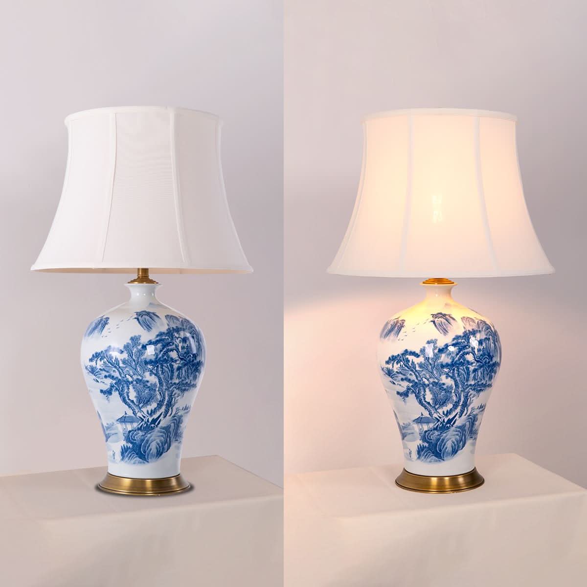 Lightsin Classic Ceramic Desk Lamp Blue and White with Fabric Shade