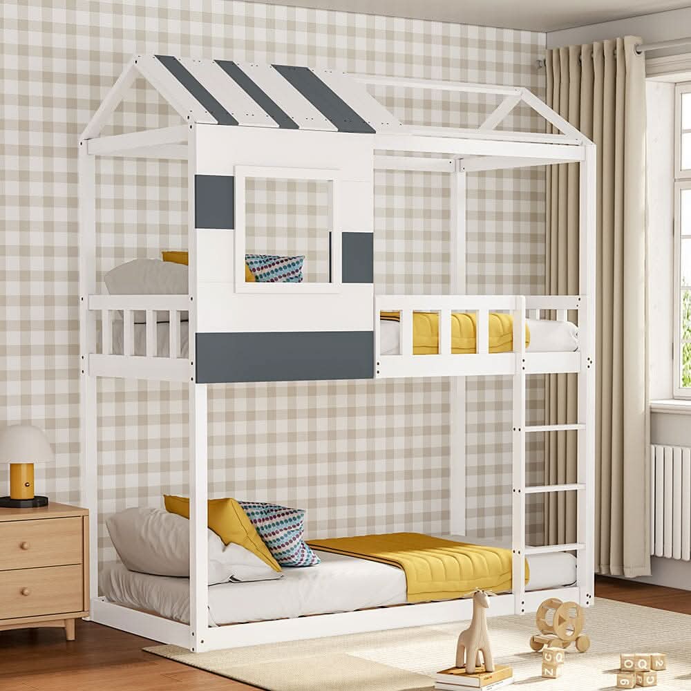 Modern Twin Bunk Bed Slatted Board House Shaped