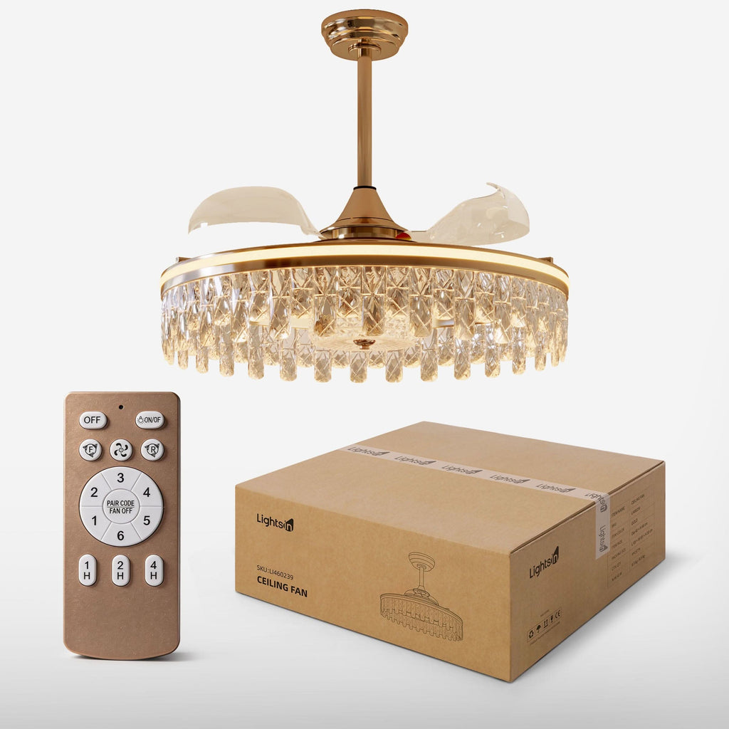Lightsin 60cm Modern Gold Crystal Ceiling Fan with Light