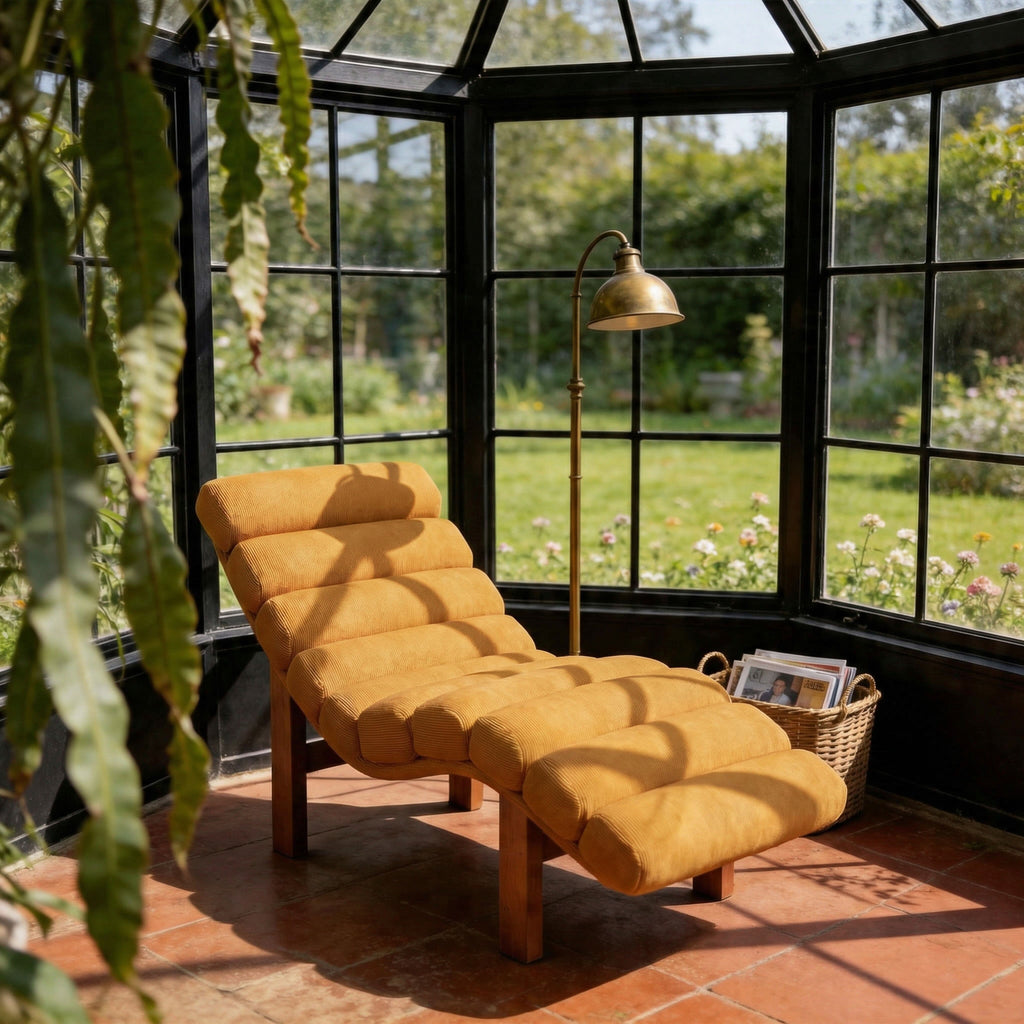 Cottonfy Modern Ergonomic Corduroy Chaise Lounge with Natural Wooden Frame