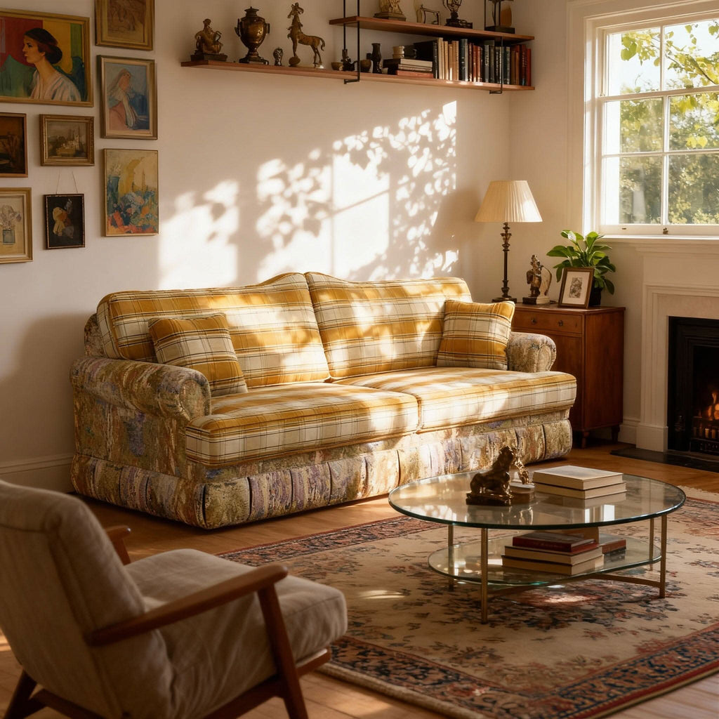 Cottonfy Heritage Plaid Skirted Sofa with Concealed Storage Drawers
