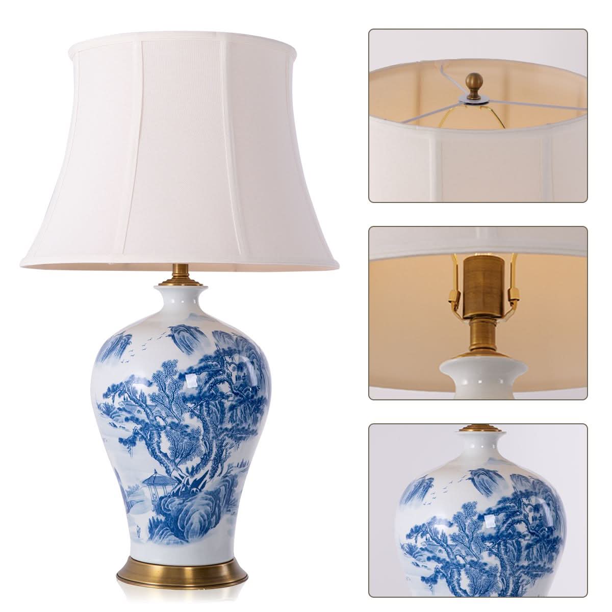Lightsin Classic Ceramic Desk Lamp Blue and White with Fabric Shade