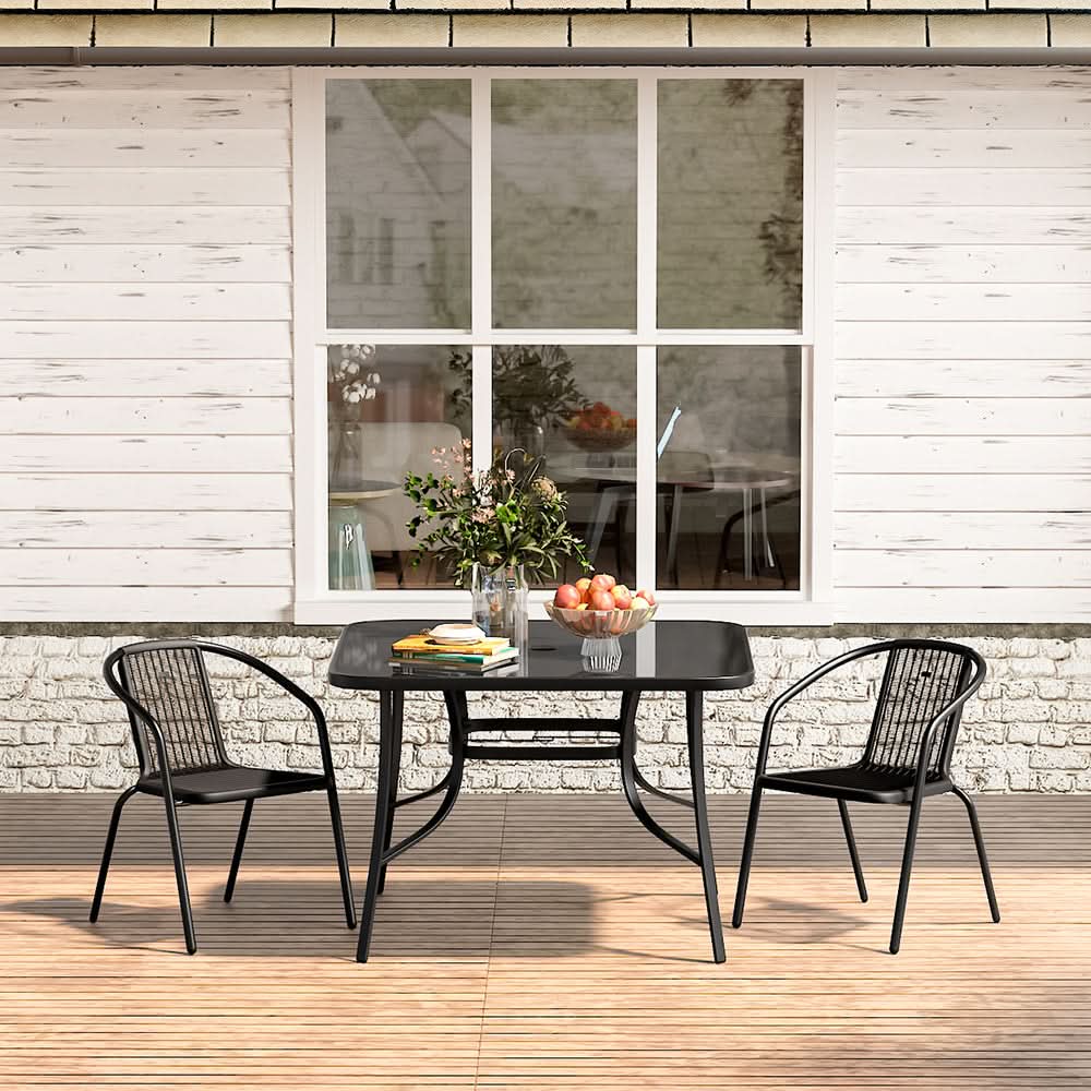 2 Seater Outdoor Table Square Tempered Glass Table and Garden Chairs