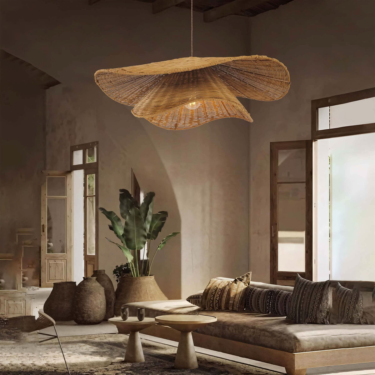 Lightsin Woven Rattan and Iron Pendant Light – Organic Ceiling Pendant Light for Dining Room, Living Room, and Modern Rustic Interiors