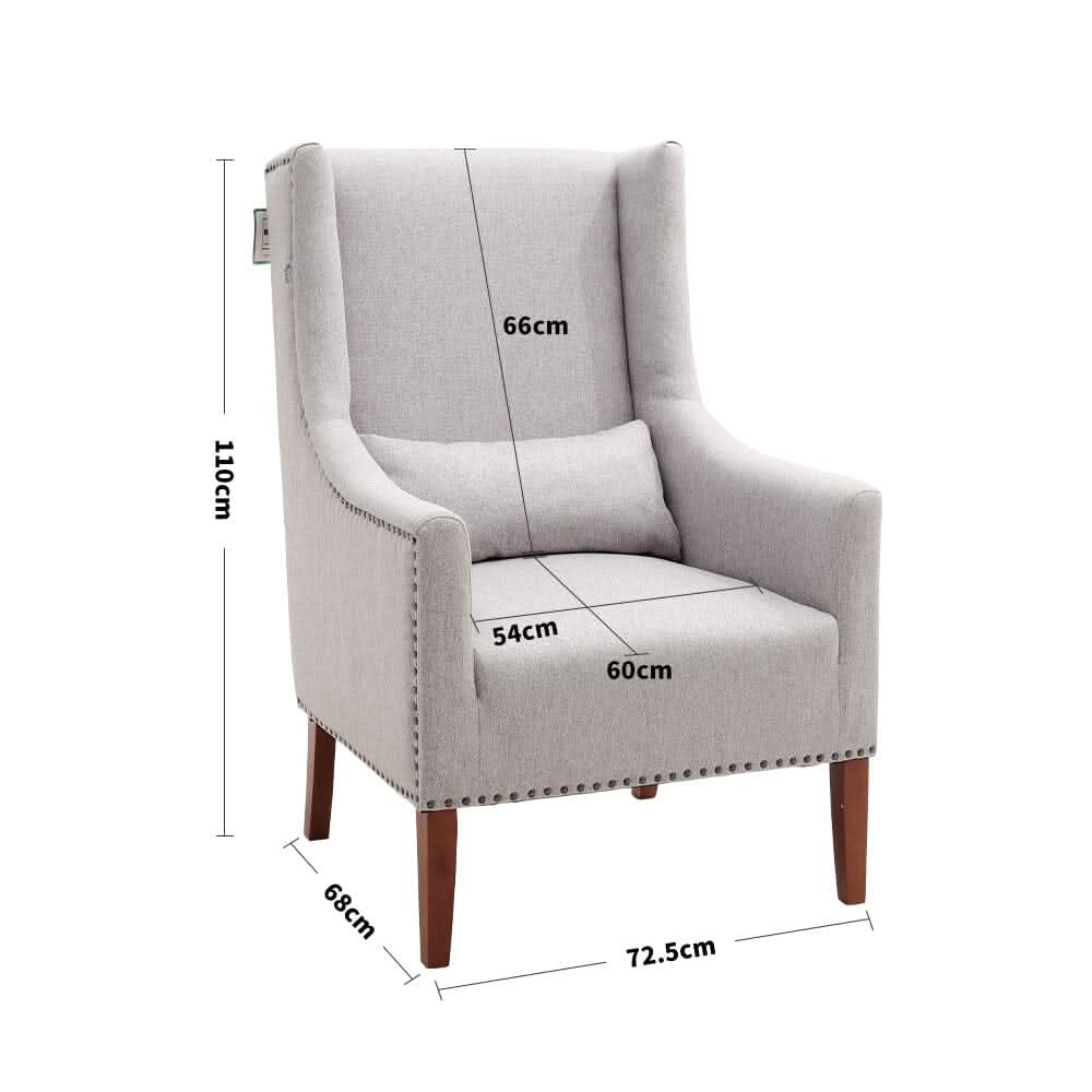 Grey Burlap High Back Studded Armchair with Cushion