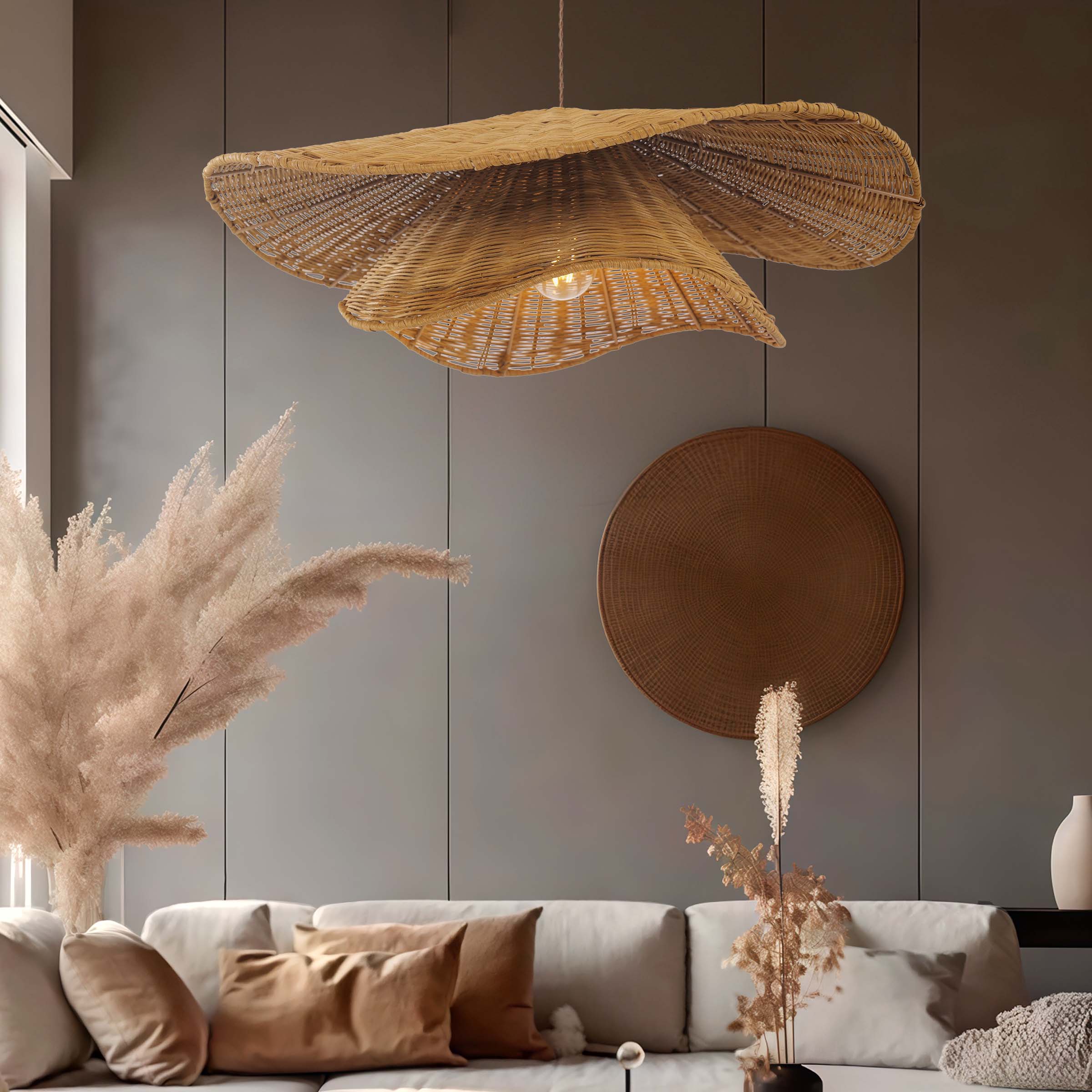 Lightsin Woven Rattan and Iron Pendant Light – Organic Ceiling Pendant Light for Dining Room, Living Room, and Modern Rustic Interiors