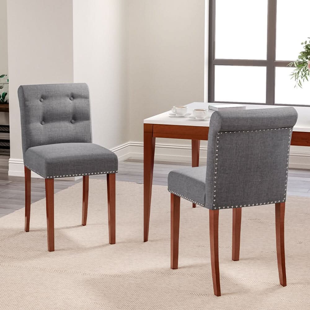 Set of 2 Contemporary Buttoned Accent Dining Chair Studded Rim Blue/Grey