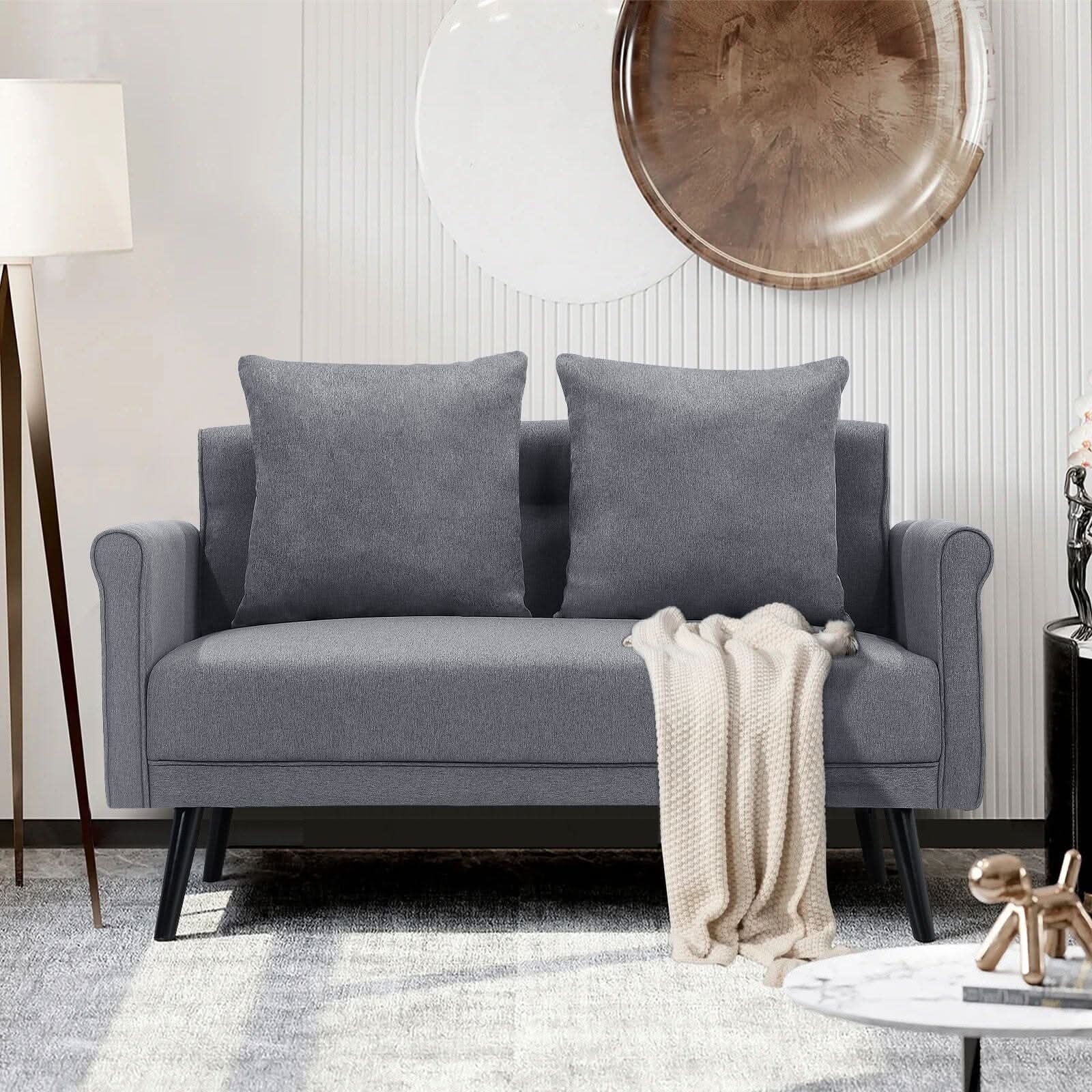 Modern Upholstered Fabric Sofa 2 Seater with 2 Pillows in Grey