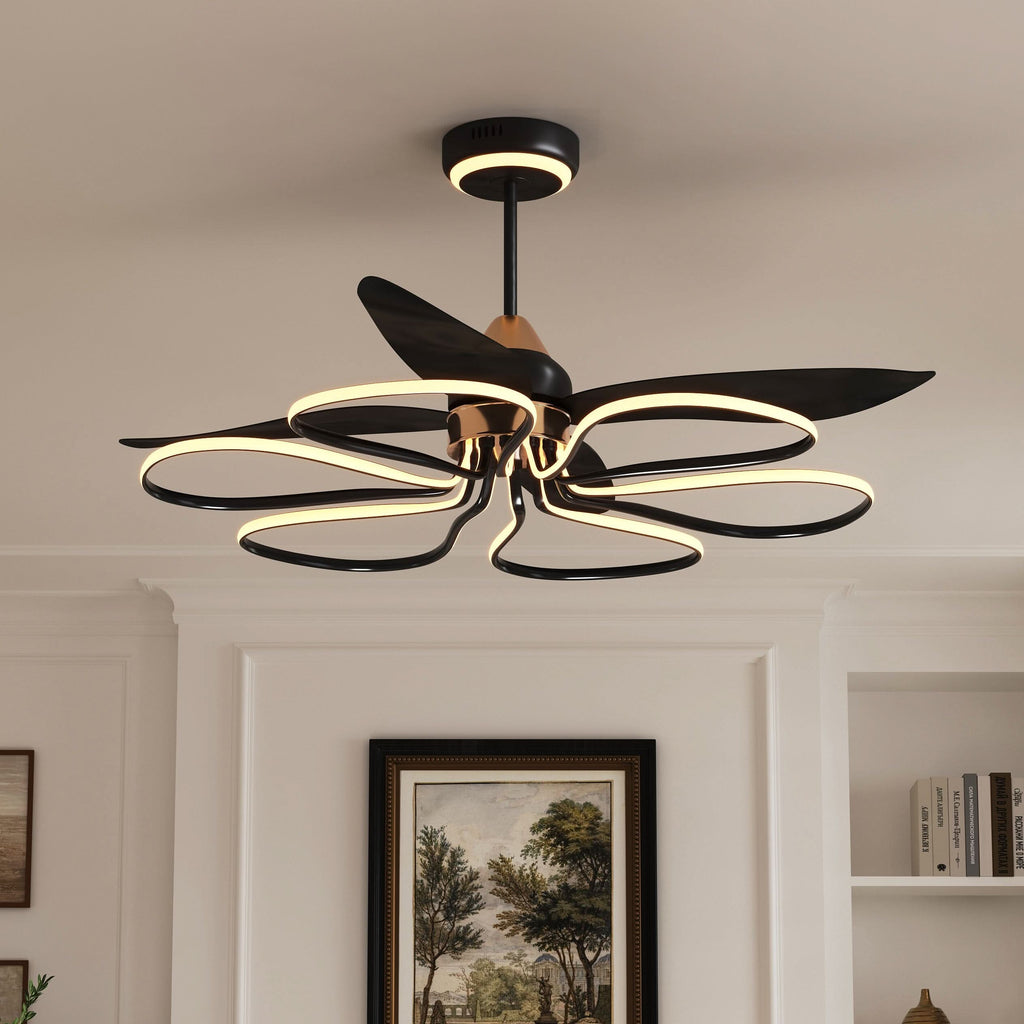 Lightsin 36-inch Black Modern Petal LED Ceiling Fan with Light - 6-Speed with Remote Control