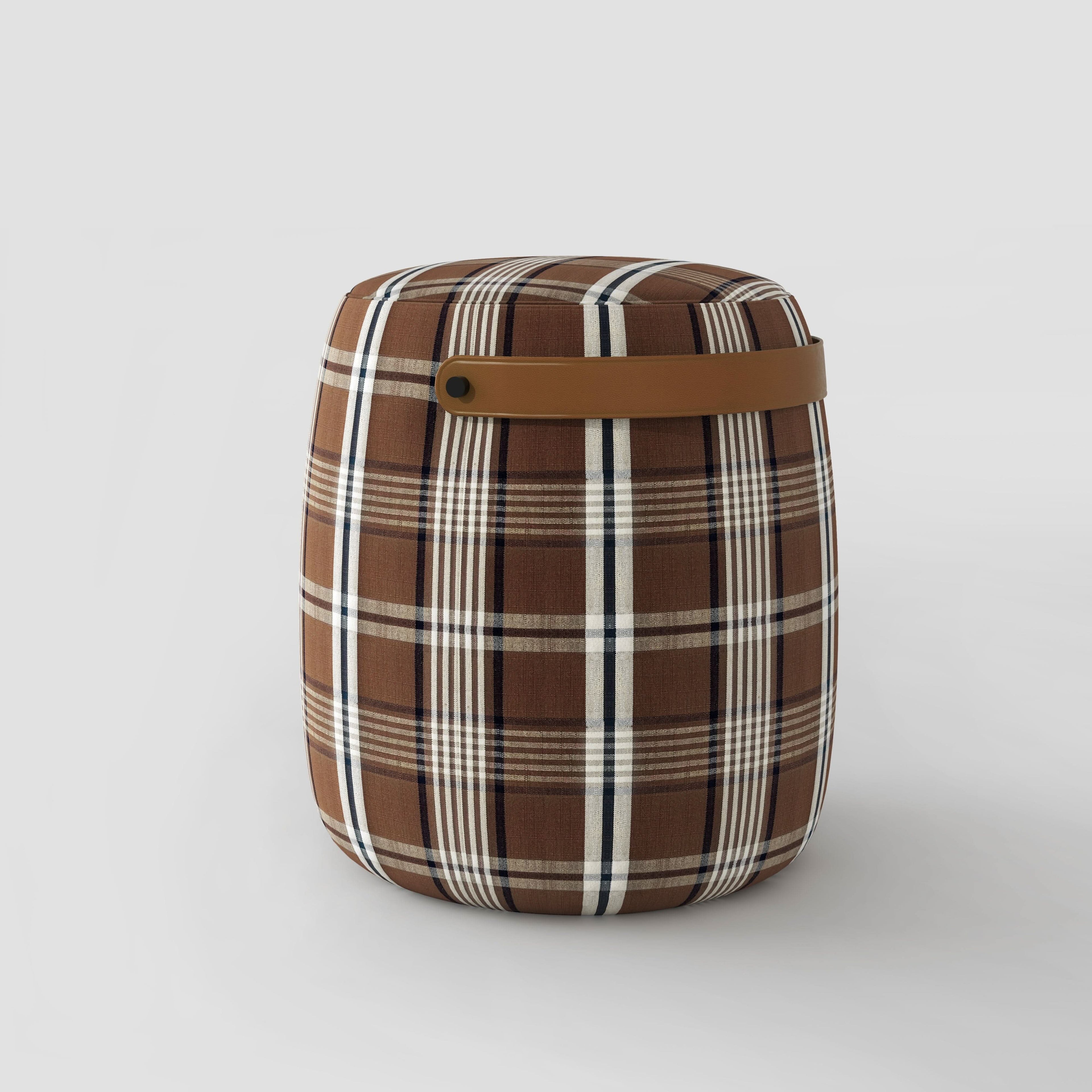 Haven British Check Round Pouffe Footstool with Leather Handle