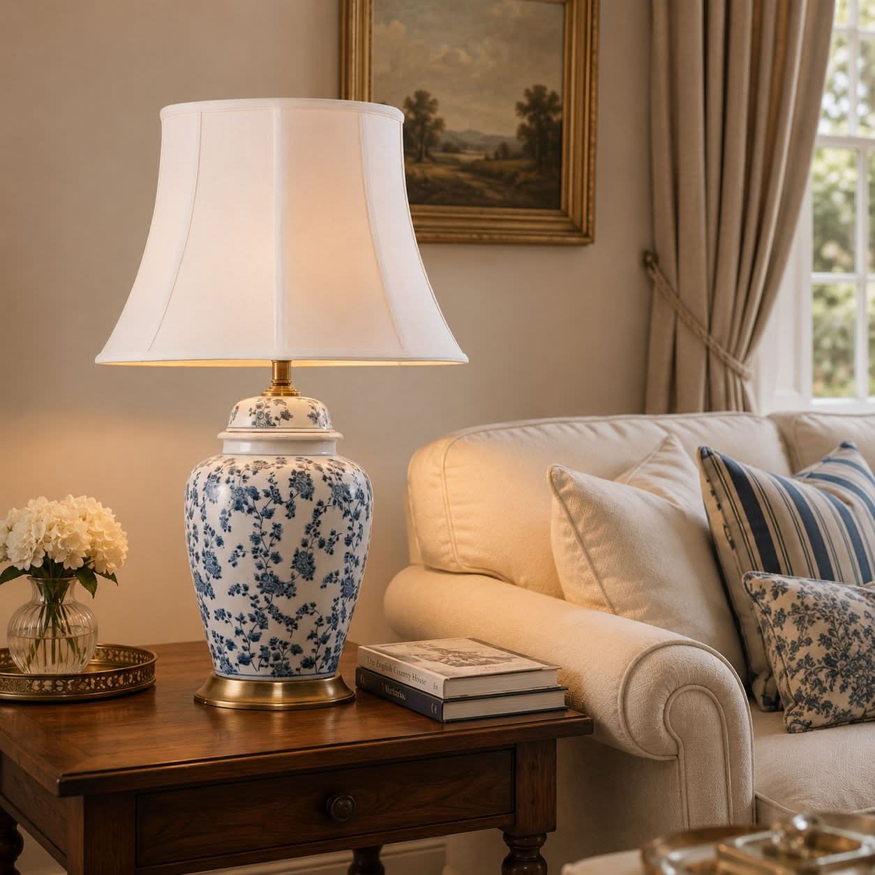 Lightsin Blue Floral Ceramic Table Lamp with Fabric Shade and Brass Base
