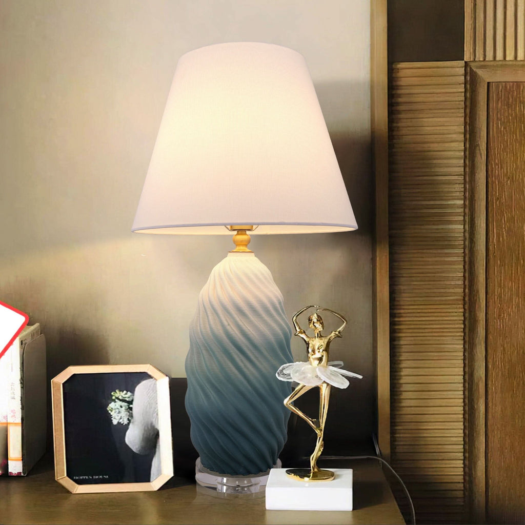 Lightsin 3D Green White Gradient Threaded Ceramic Table Lamp with Fabric Shade
