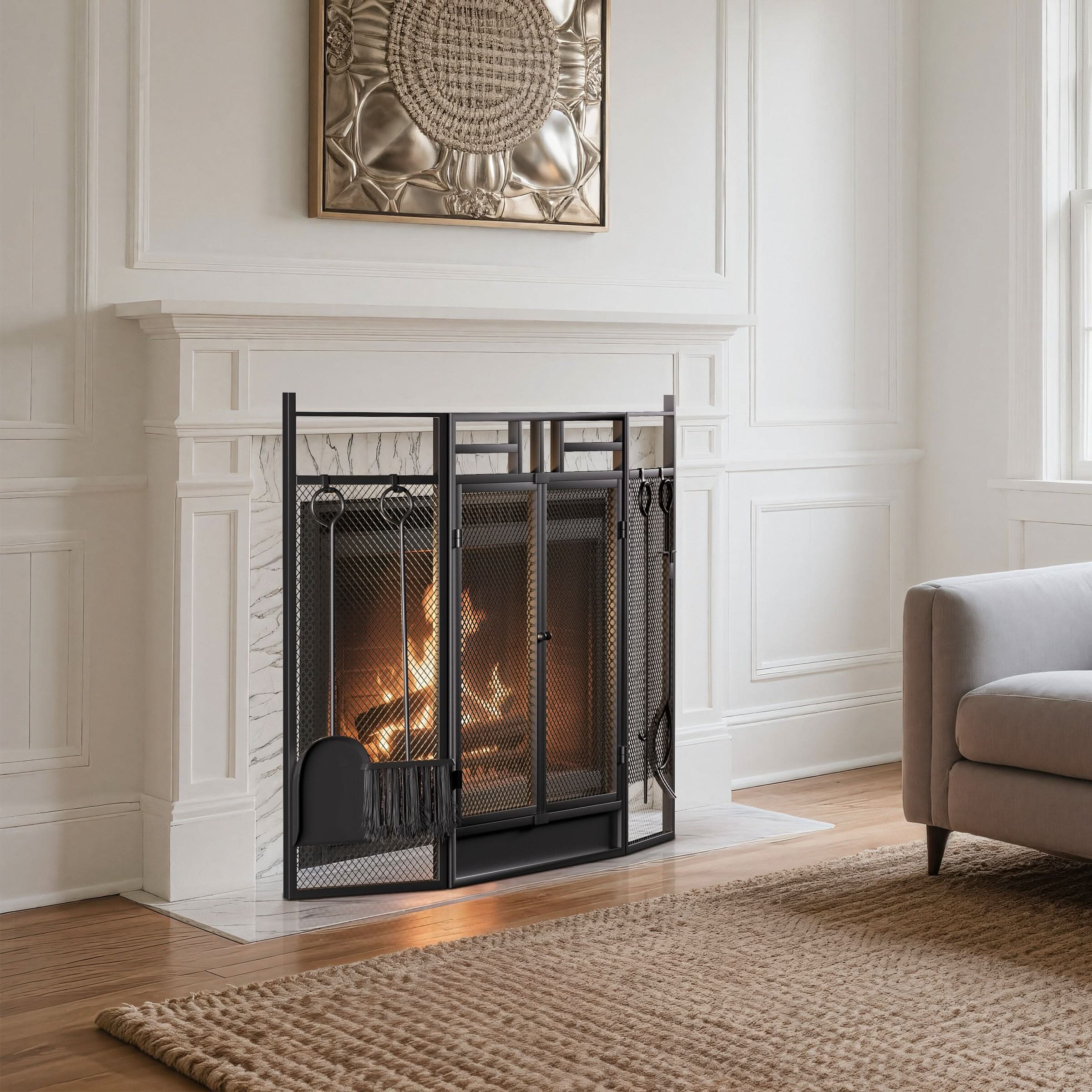 Smallbee Iron Fireplace Screen with 4-Piece Tool Set - Black Powder-Coated 122x1.3x80cm