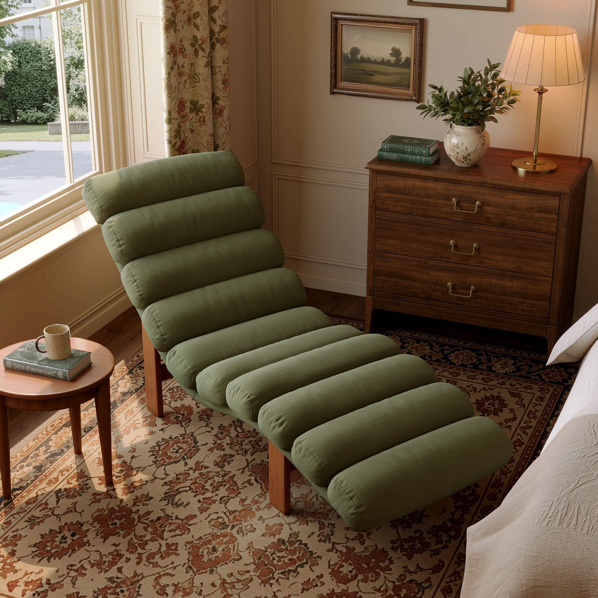 Cottonfy Modern Ergonomic Corduroy Chaise Lounge with Natural Wooden Frame