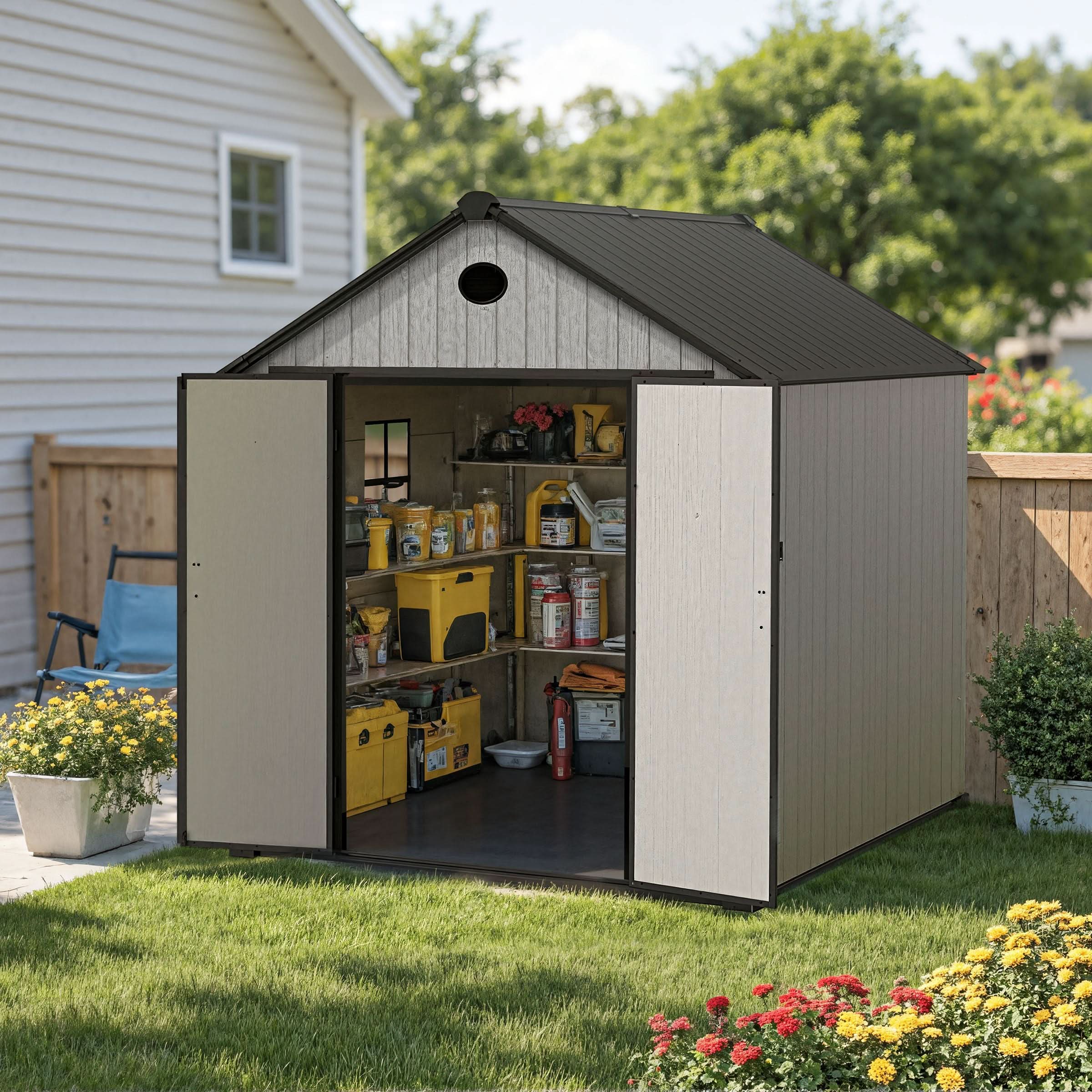 6'x8'ft/8'x8'ft/8'x12'ft/8'x16'ft Gray Wood Grain Plastic Tool Shed