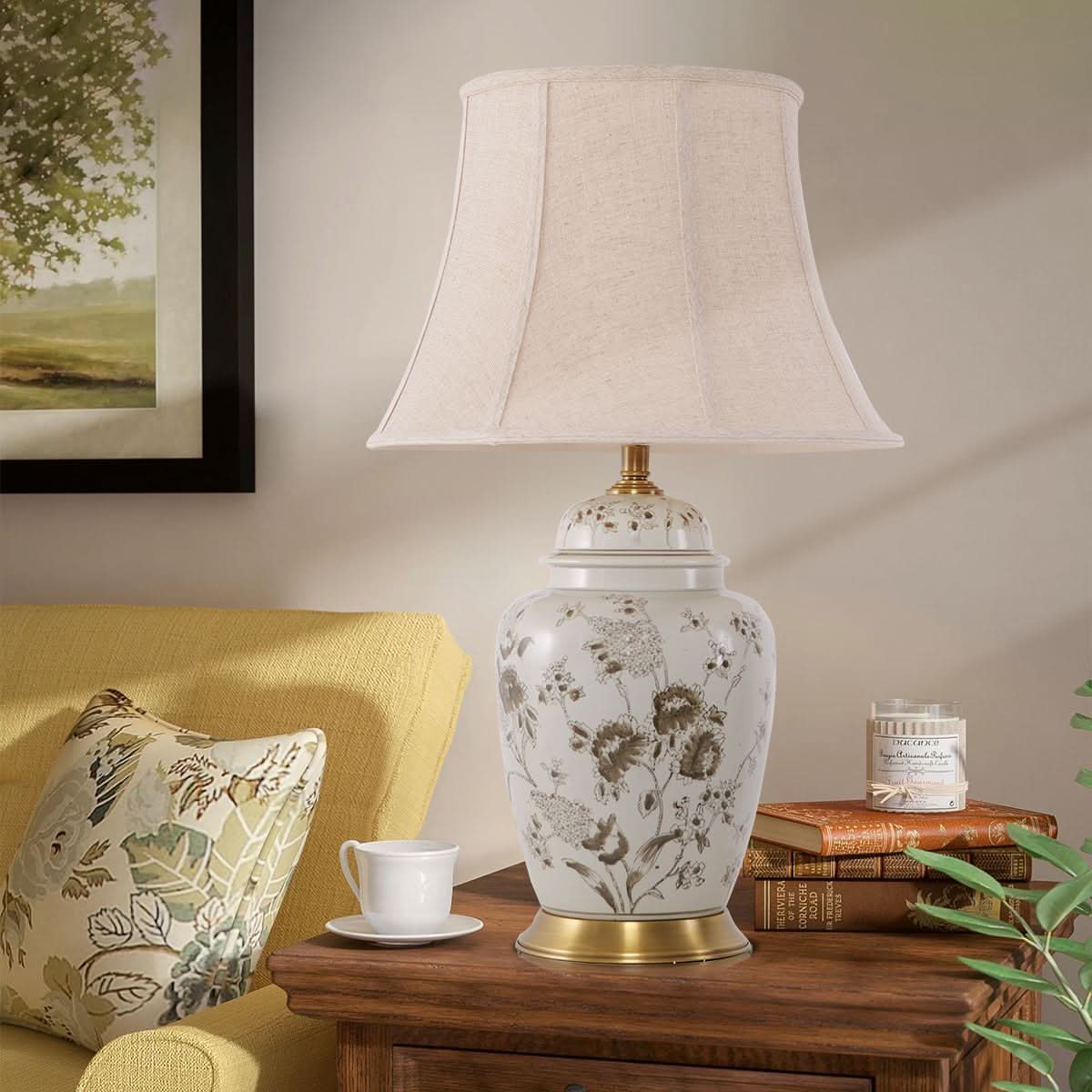 Lightsin Table Lamp Ceramic and Copper Chrysanthemum Design with Fabric Shade