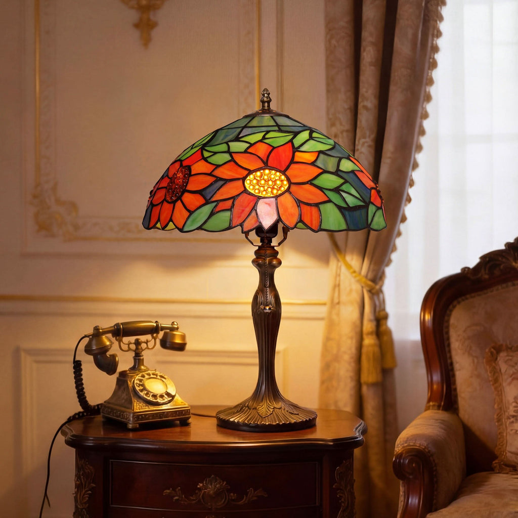 Lightsin Tiffany Table Lamp | Handcrafted Stained Glass Floral Petals Series Green and Blue