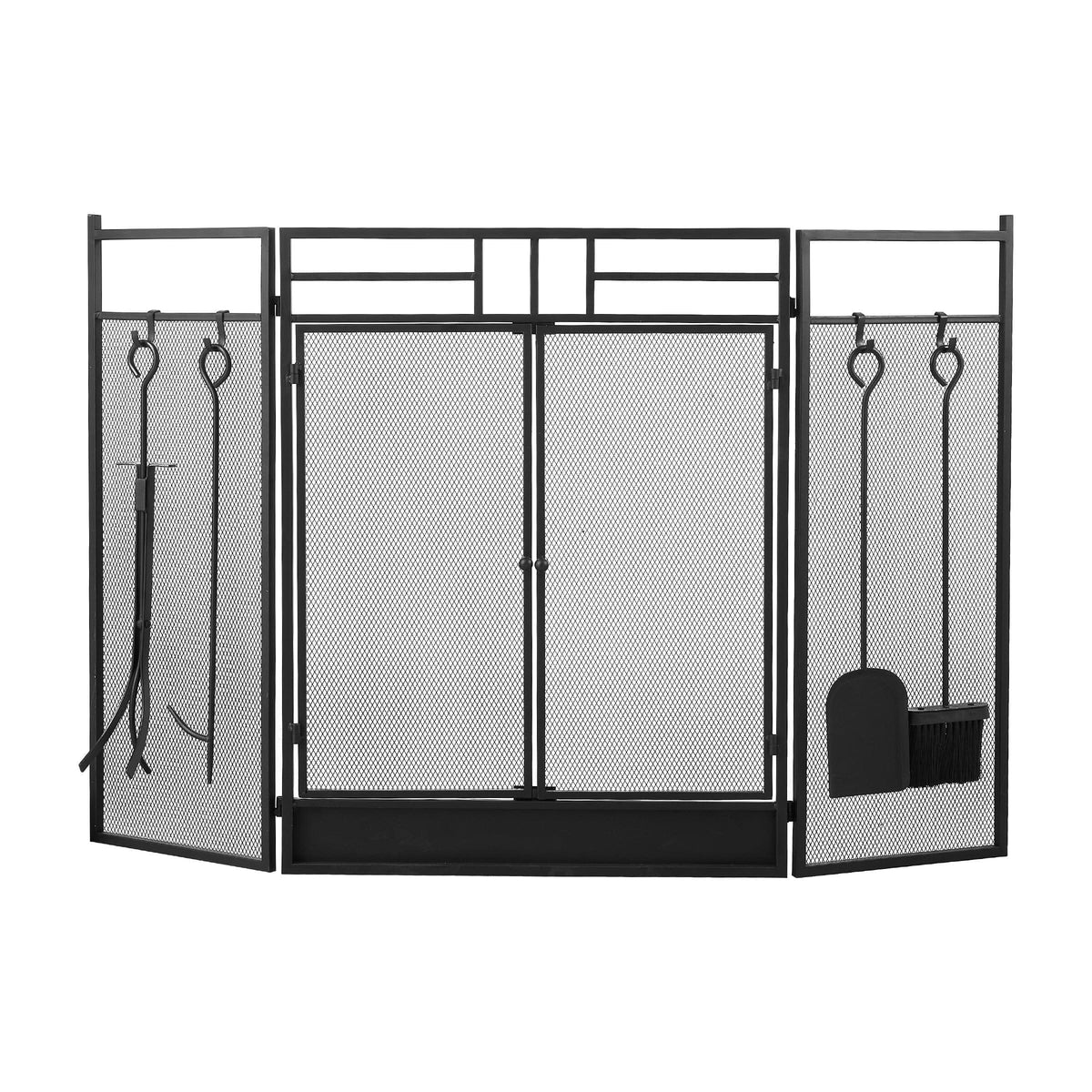 Smallbee Iron Fireplace Screen with 4-Piece Tool Set - Black Powder-Coated 122x1.3x80cm