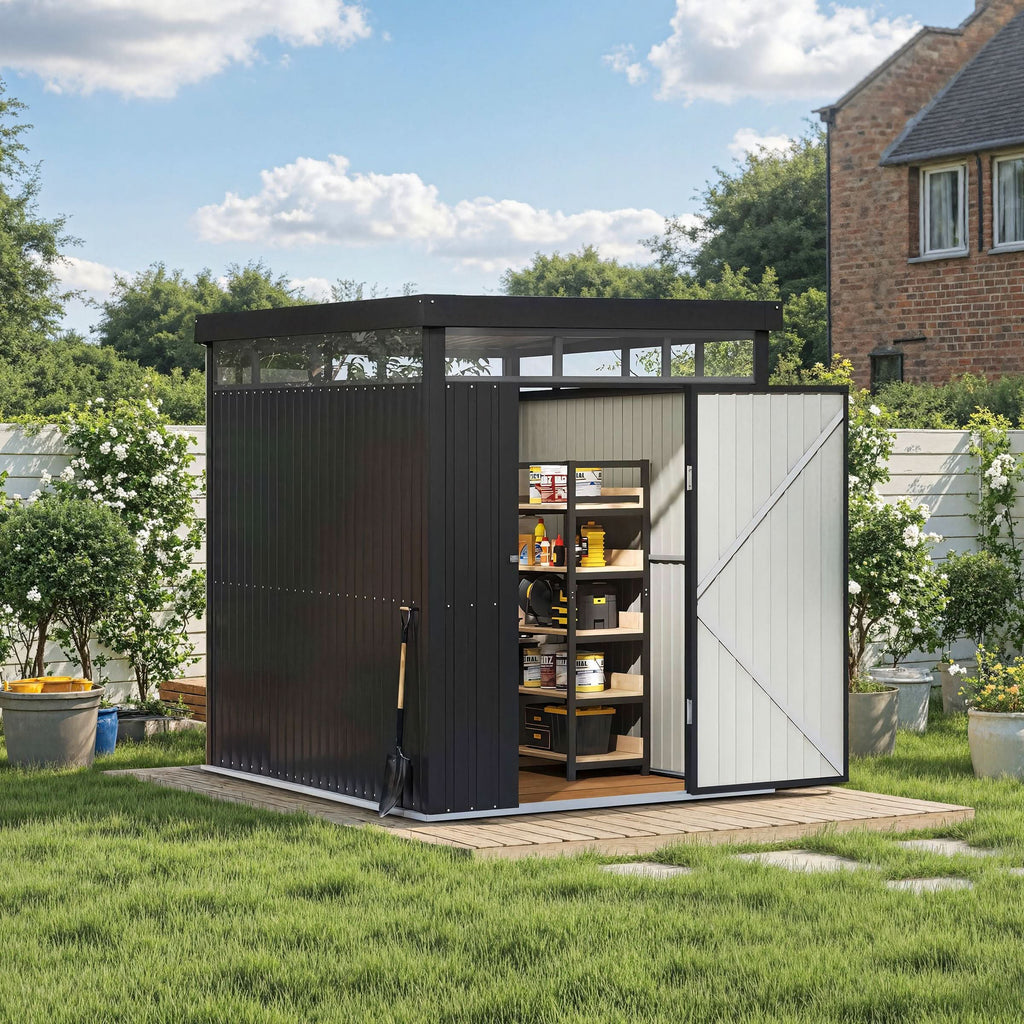 2x2.6x2m/1.6x2.6x2m/2.6x3x2m/4x3x2m Charcoal Black Galvanized Steel Storage Shed with Double/Single Lockable Doors