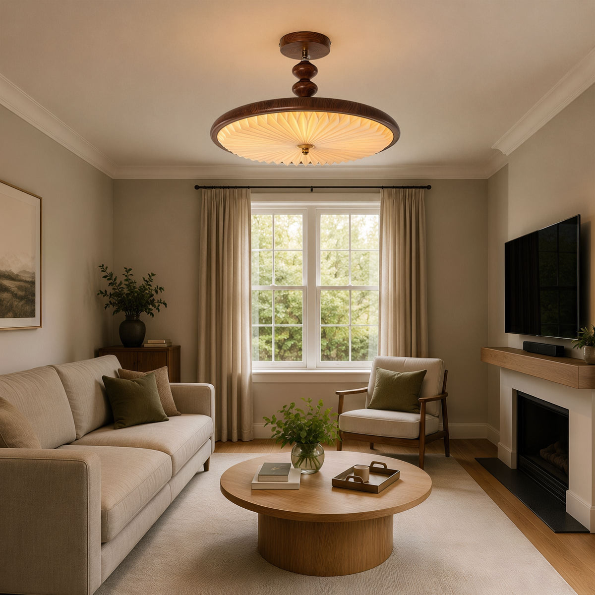 Walnut Pleated Ceiling Light | LED Flush Mount