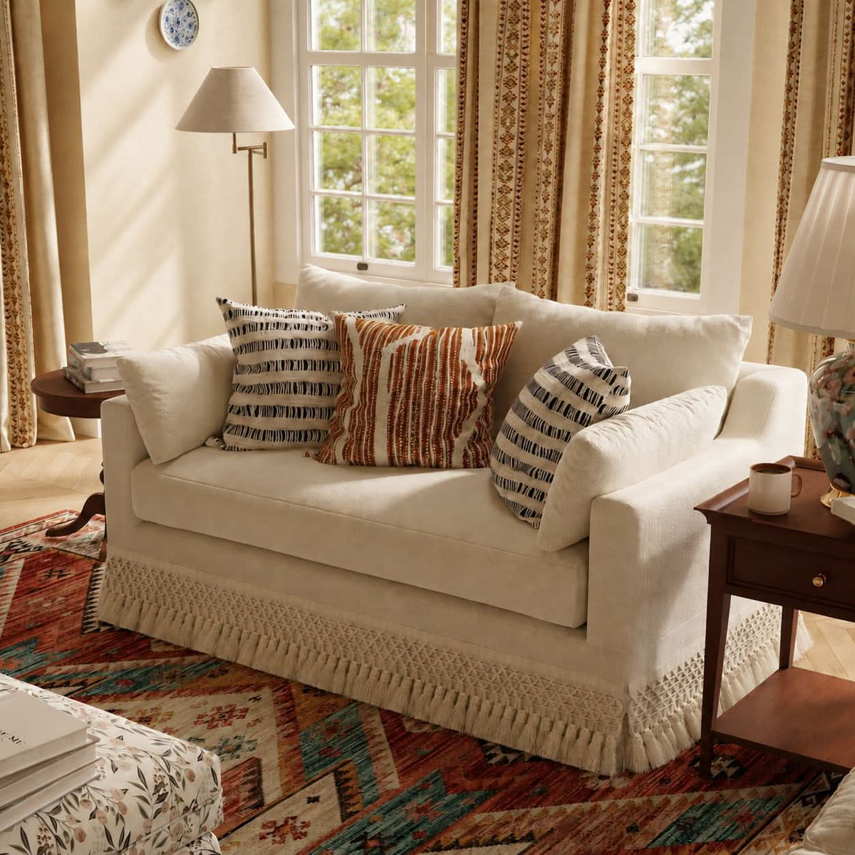 Cottonfy Cotton-Linen Washable Fringe 2 Seater Sofa